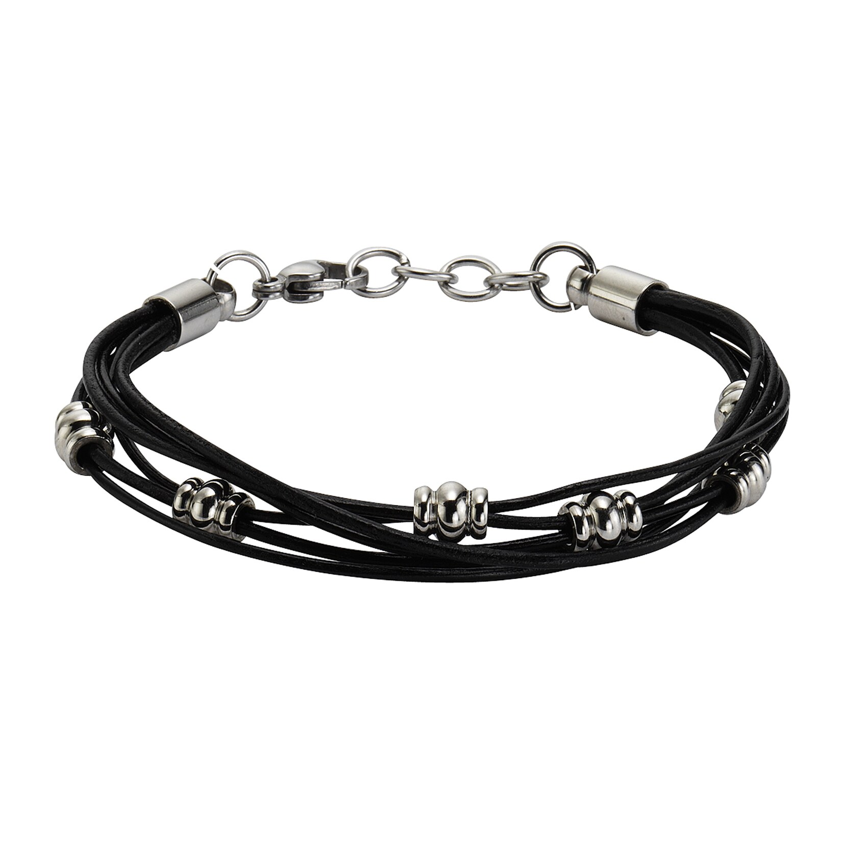 Zeeme Stainless Steel Armband Leder schwarz mit Stahlkugeln 19,5+2cm lang | 04006046207980