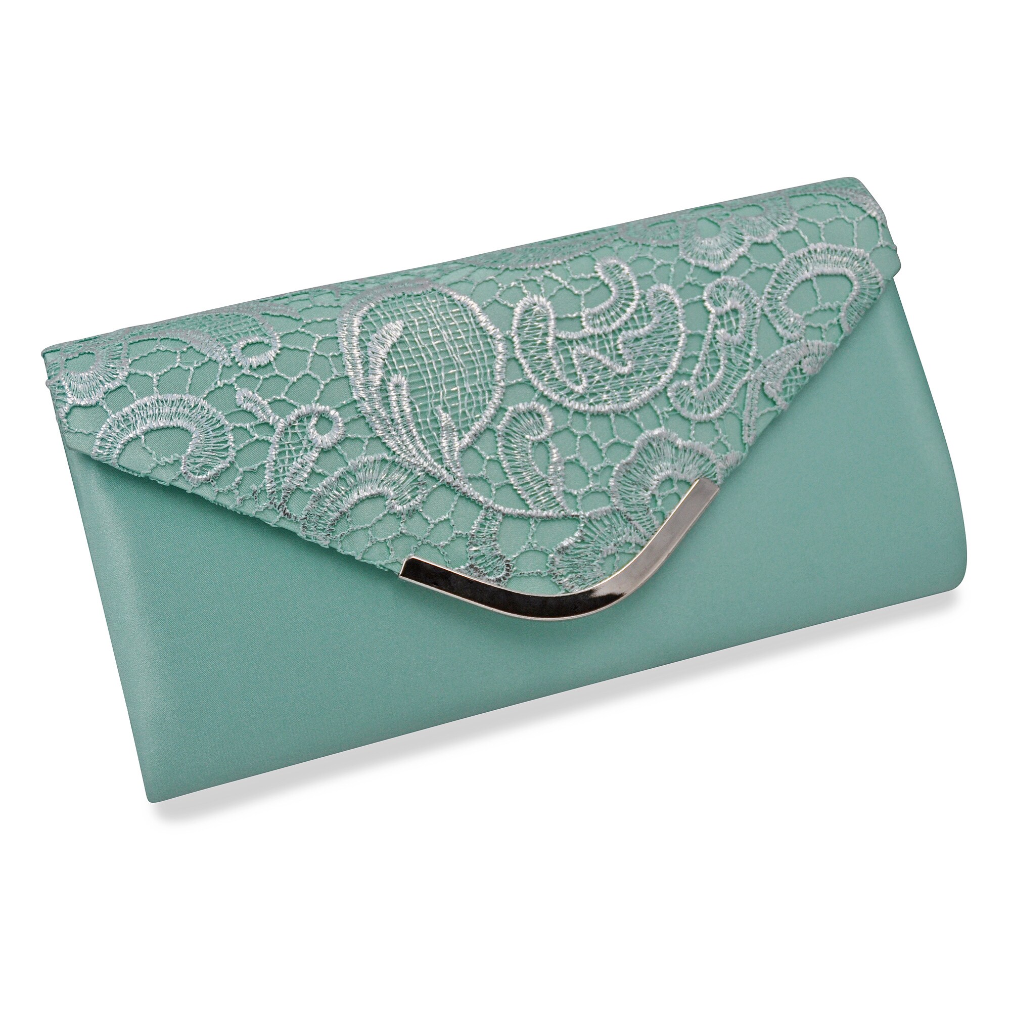 Steuer Modeschmuck Abendtasche Seidenoptik in mintgr&uuml;n und Spitzenbesatz - Bild 1