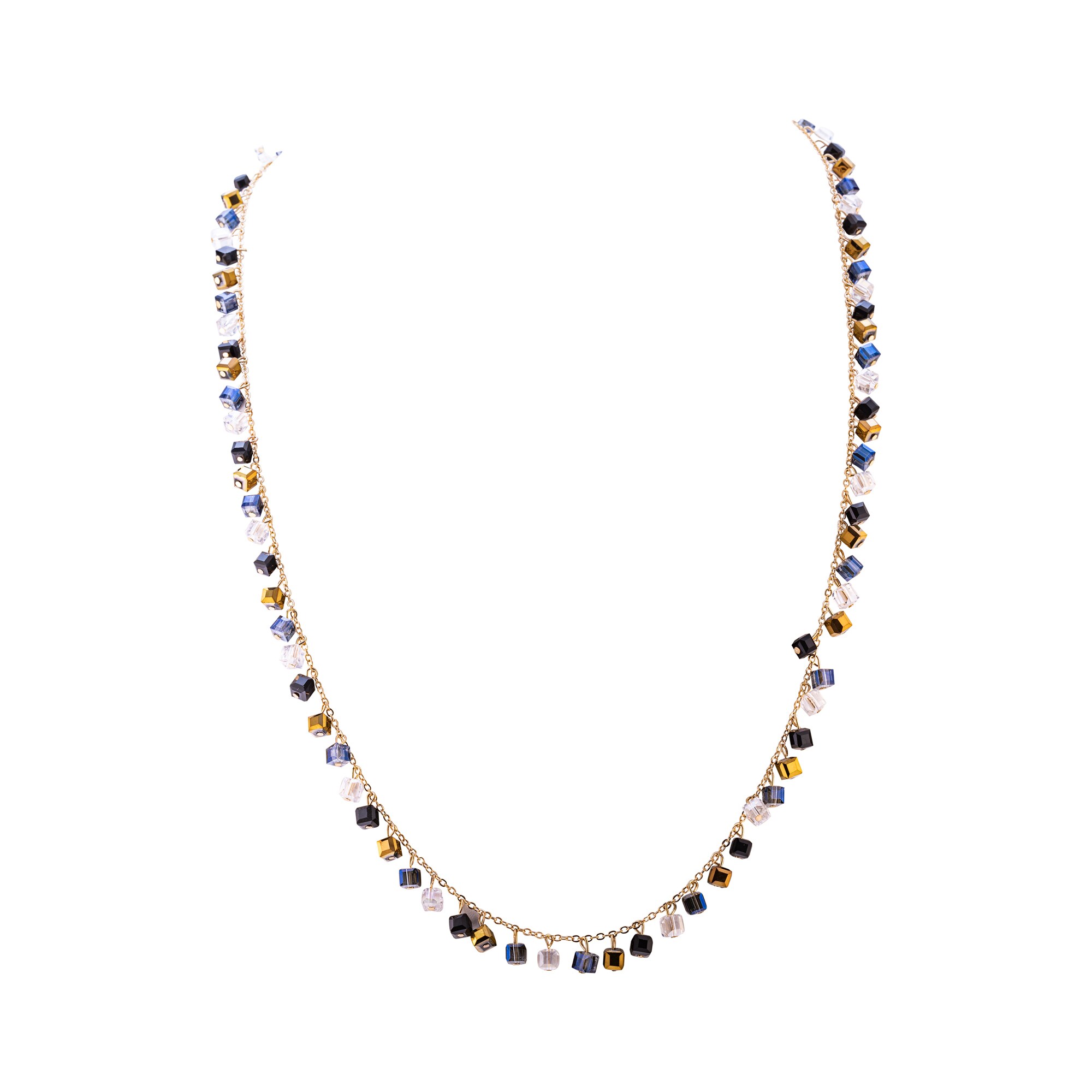 Steuer Modeschmuck Brillen-Kette Metall goldfarben 90cm lang mit mehrfarbigen Steinen - Bild 1