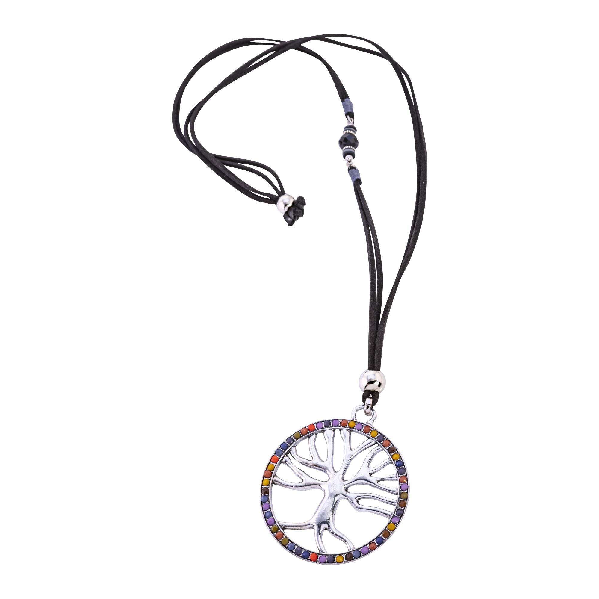 Steuer Modeschmuck Kette Lebensbaum mit bunter Zierde an schwarzem Veloursband - Bild 1
