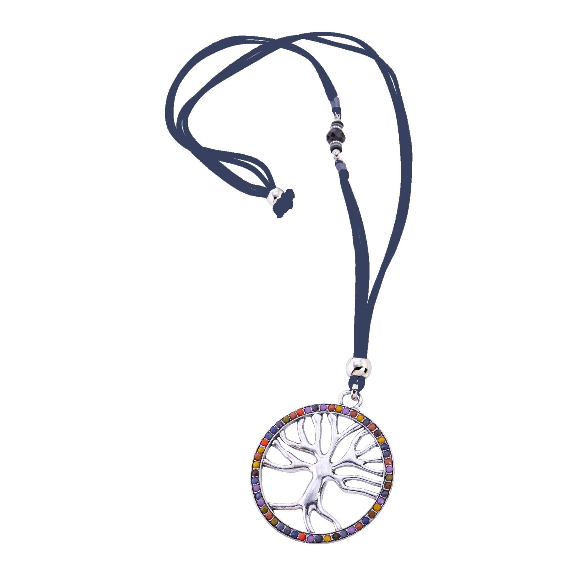Steuer Modeschmuck Kette Lebensbaum mit bunter Zierde an blauem Veloursband - Bild 1