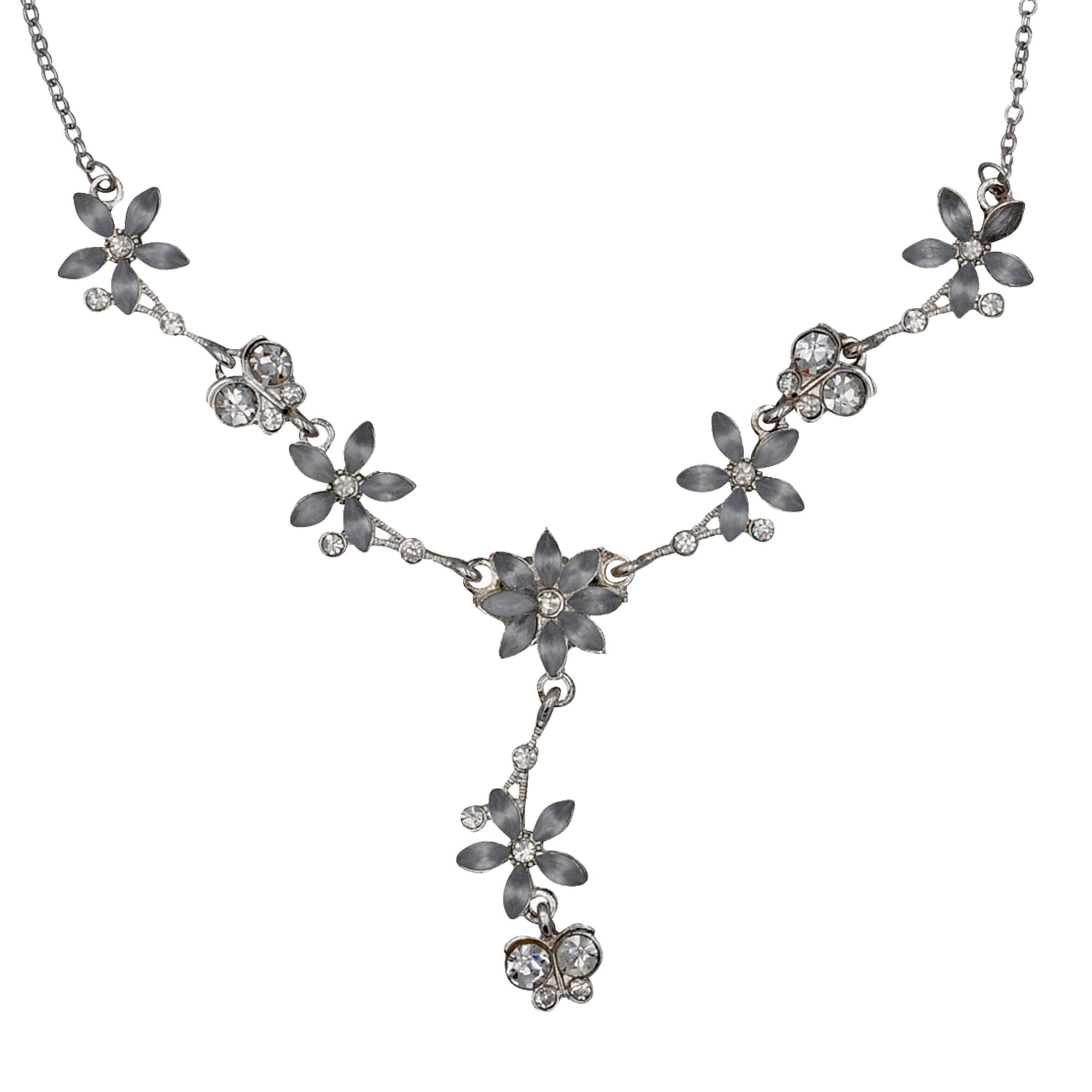 Steuer Modeschmuck Collierkette Metall Y-Collier silberf. Mit Blumen und Schmetterlingen - Bild 1