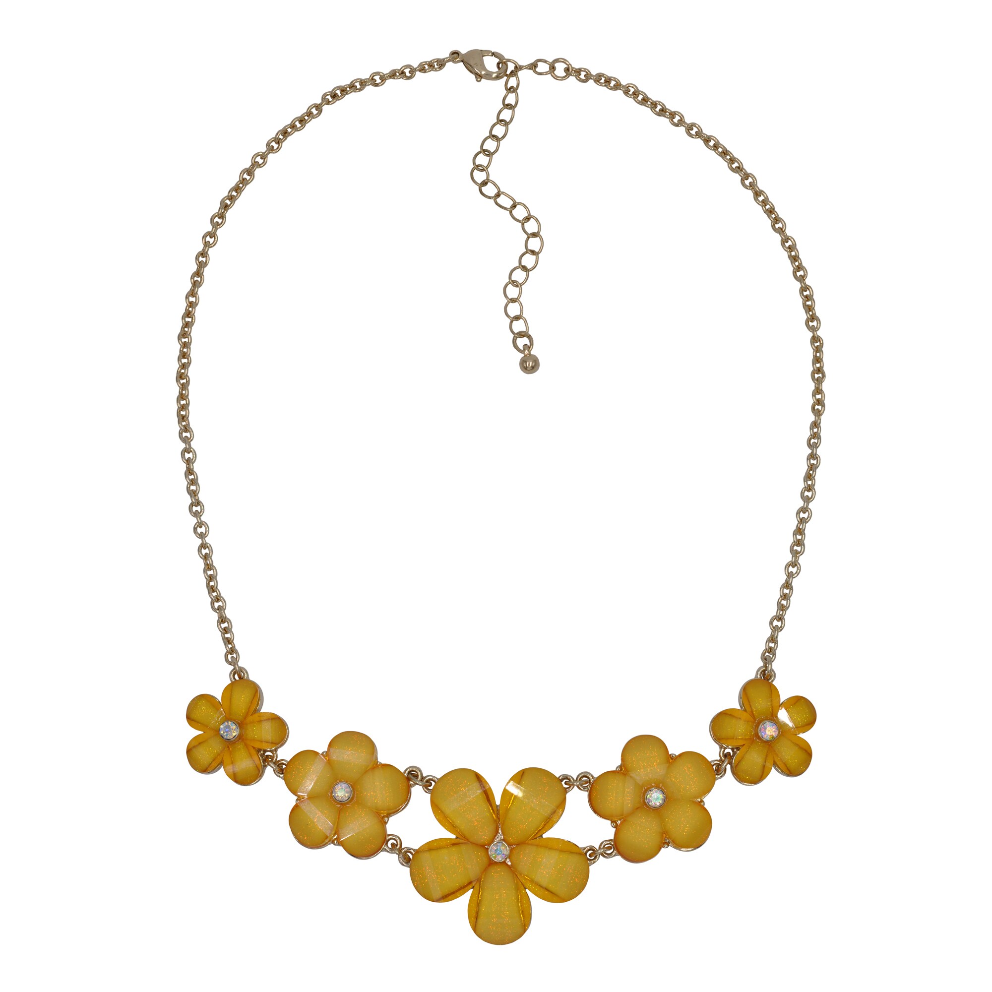 Steuer Modeschmuck Collier Kette gold farben Blumen gelb gold Strass stein - Bild 1