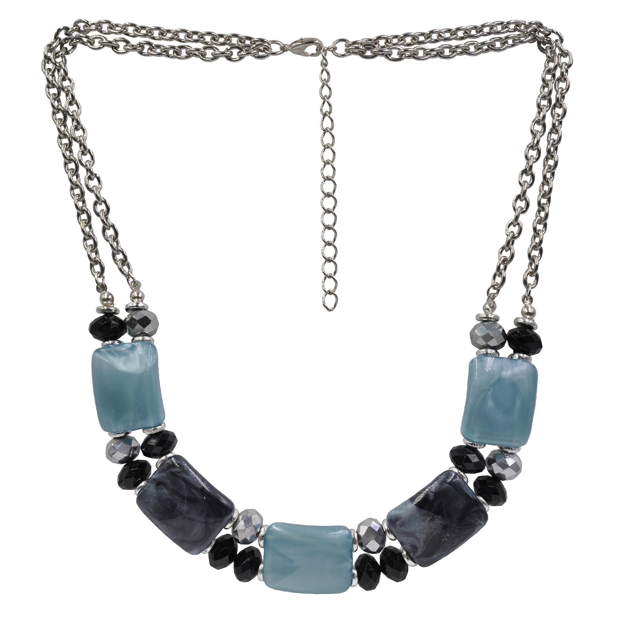 Steuer Modeschmuck Collierkette silberfarben doppelreihig, Zierelemente blau schwarz silber - Bild 1