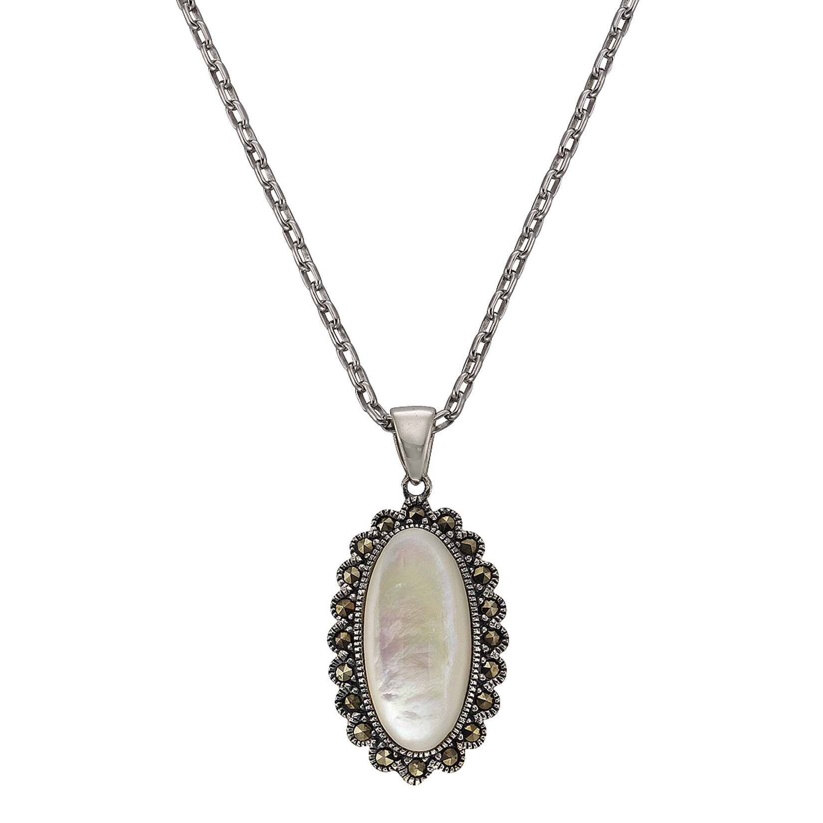 Zeeme Gemstones Halskette Silber 925 oxydiert 45cm lang mit weißem Perlmutt und Markasit-Steinen | 04006046223775