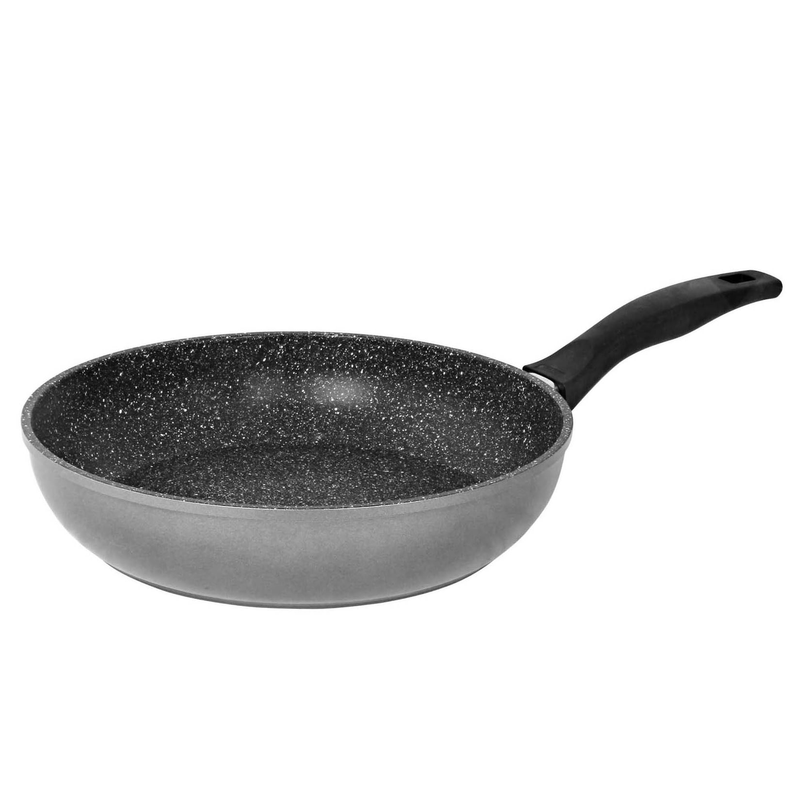 Schmorpfanne 24 cm hoher Rand, Aluguss, Schmorpfanne beschichtet mit echten Steinpartikeln, geeignet für Backofen und Induktion, ohne Fett und Öl braten, grau