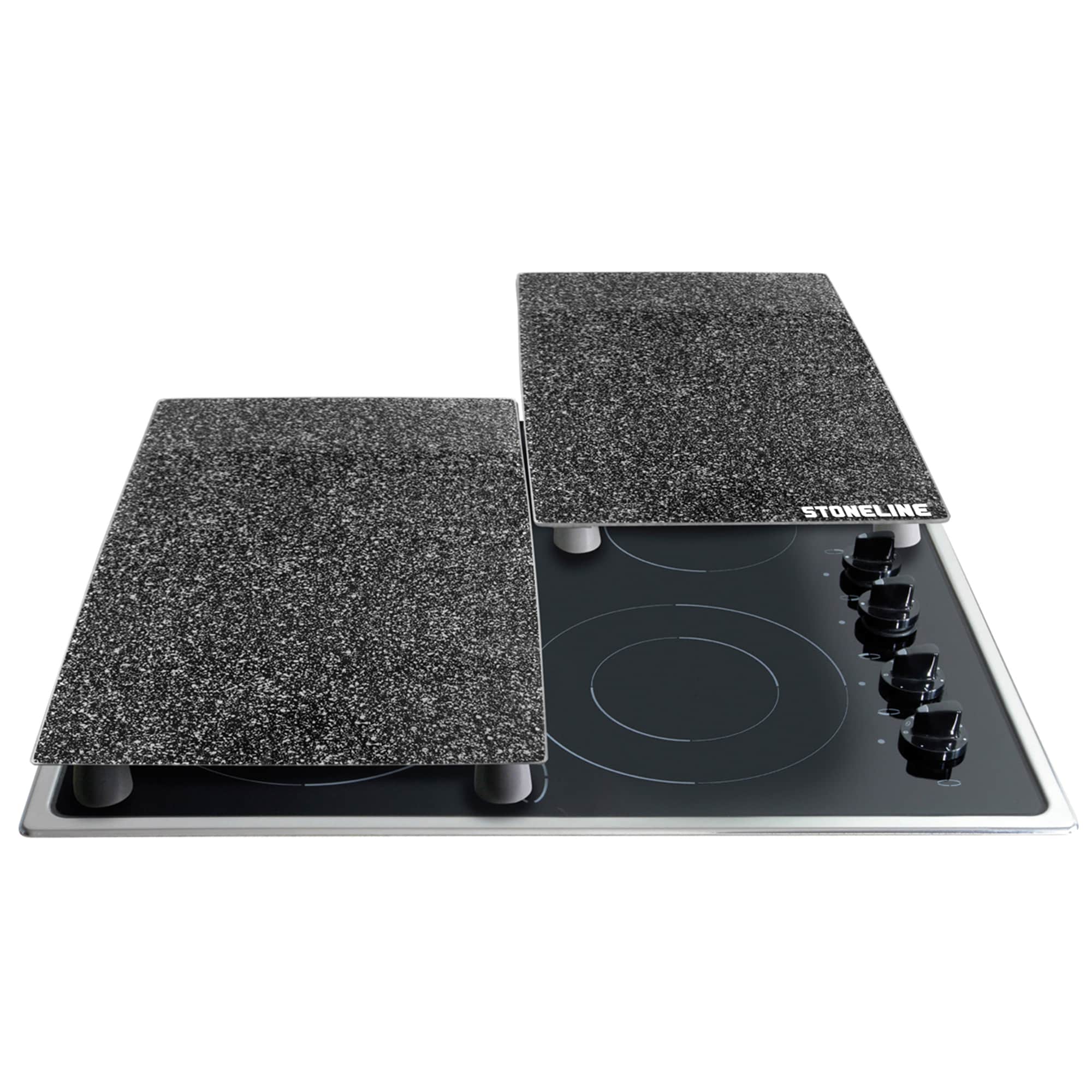 STONELINE&reg; Herdabdeckplatten/Schneideplatten-Set aus schlagfestem und hitzebest&auml;ndigem Glas, 2-teilig, 52 x 30 x 0,5 cm, mit auswechselbaren F&uuml;&szlig;en f&uuml;r verschiedene Verwendungsm&ouml;glichkeiten, schwarz - Bild 1