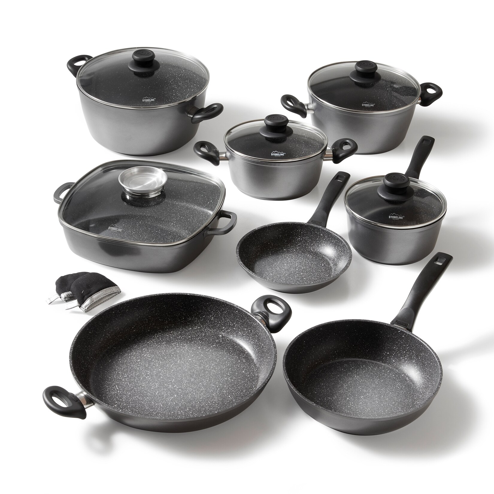 STONELINE Topfset Induktion, 13-teiliges Topfset mit Deckel, Kochtopf Set beschichtet mit echten Steinpartikeln, Aluguss Töpfe und Pfannen …