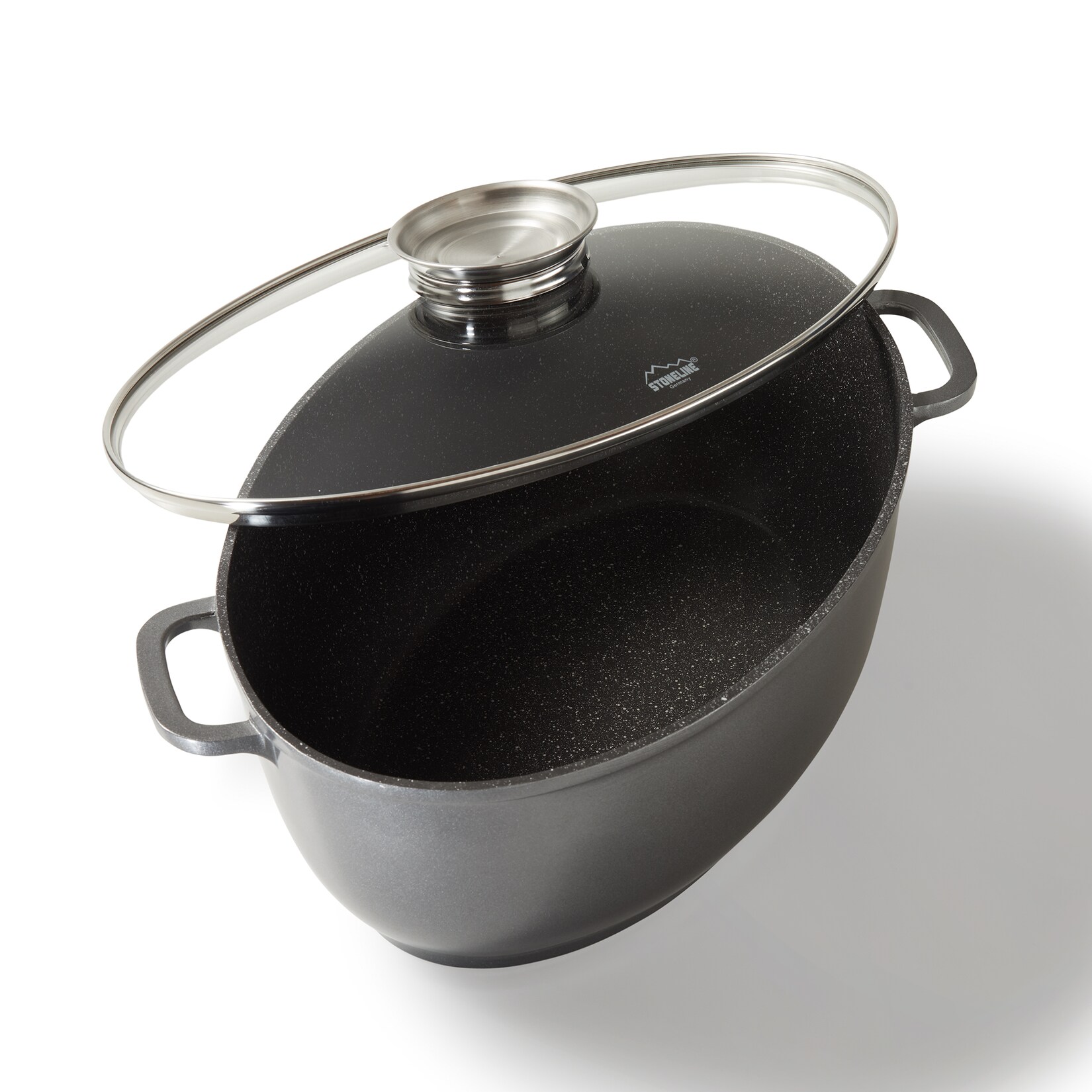 Gourmet Bräter, oval, 38,8 x 26,3 cm, , mit Aroma-Glasdeckel zur dosierten Zugabe von Flüssigkeiten, Aluguss Bräter Induktion und backofengeeignet, Antihaftbeschichtung mit echten