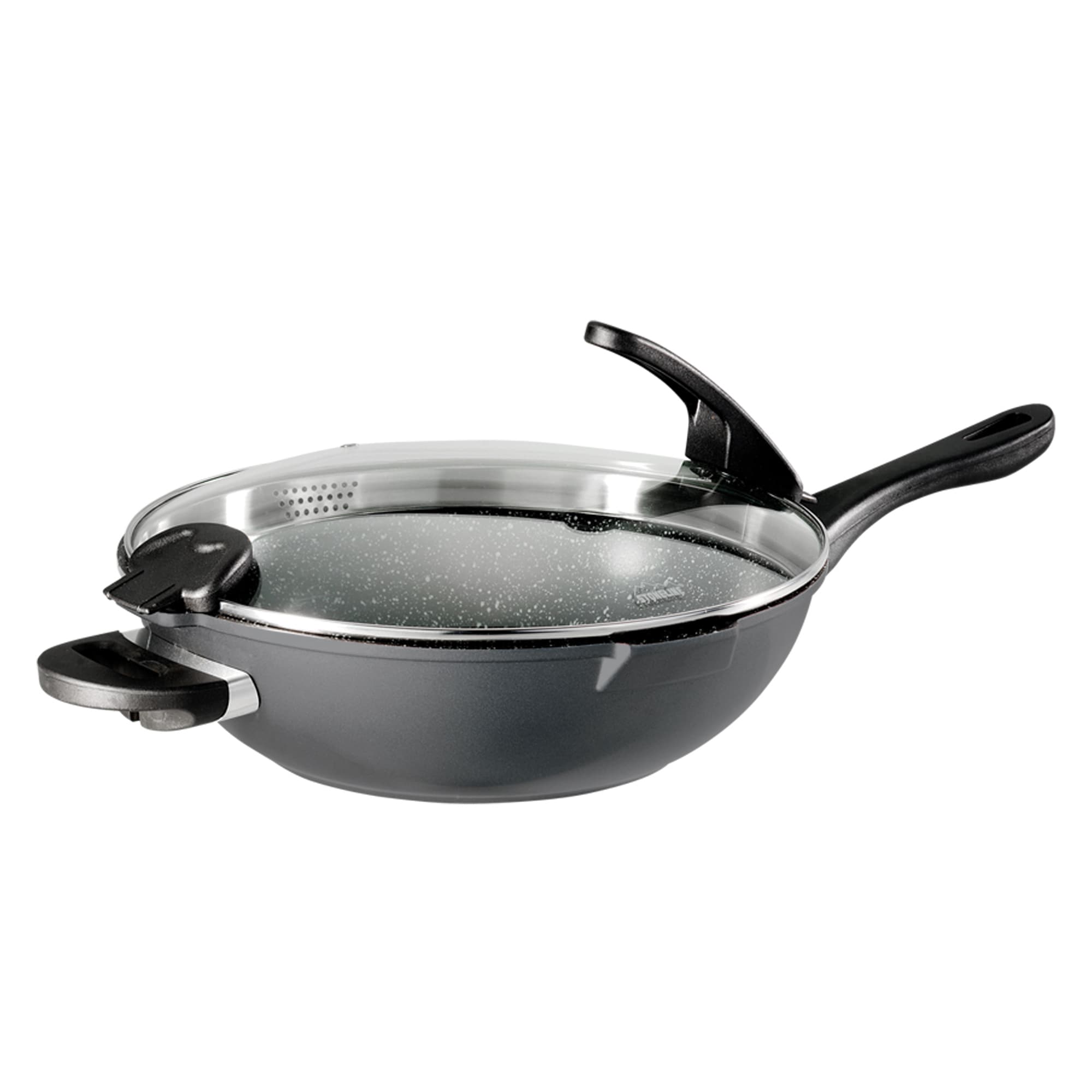 Stoneline Future Wok 32 cm, mit Sieb-Glasdeckel, mit austauschbaren Griffen, induktionsgeeignet, Aluguss, beschichtet mit echten Steinpartikeln, Grau, Wokpfanne mit Deckel - Bild 1