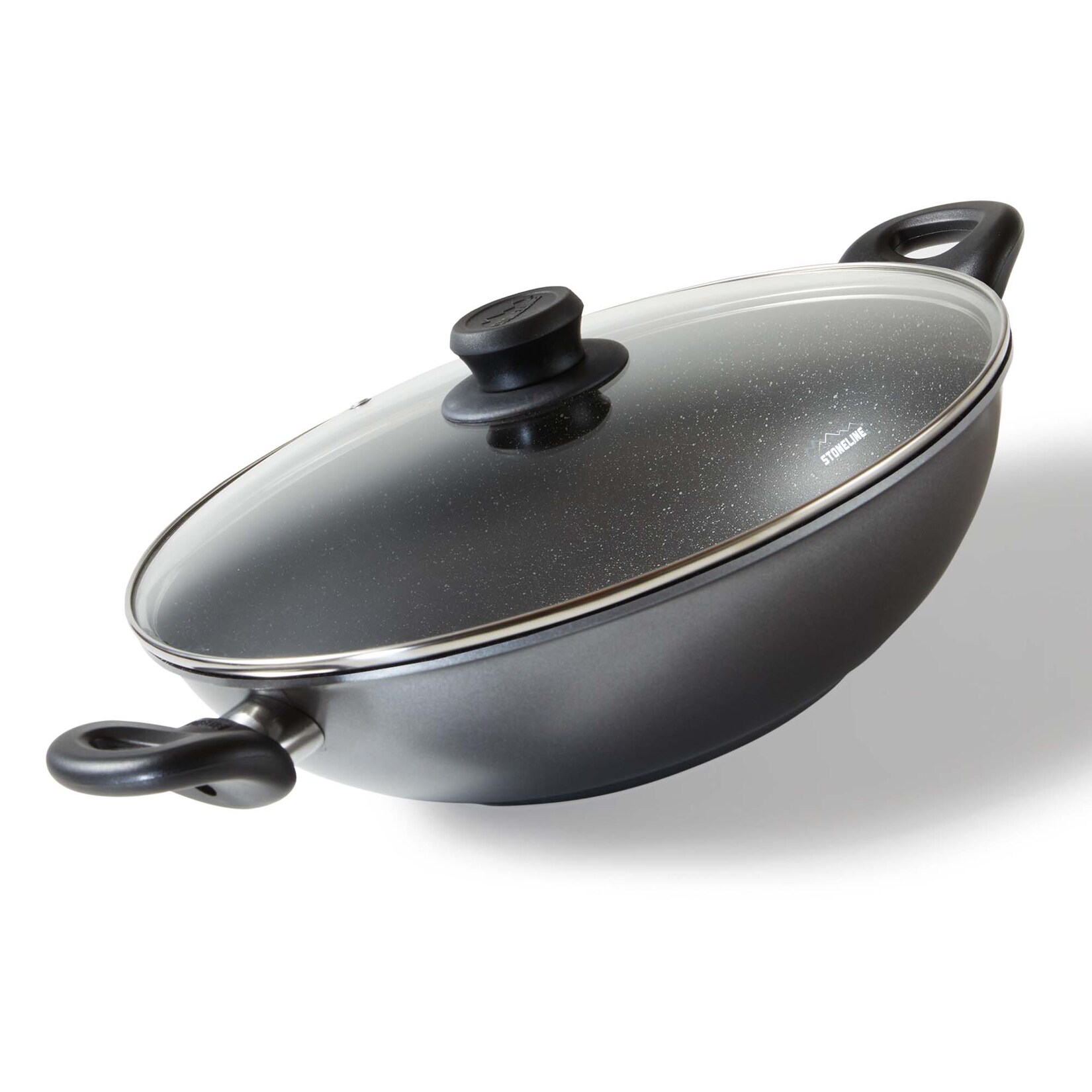 Stoneline Wok 28cm, mit Deckel, Aluguss, Wok Pfanne beschichtet mit echten Steinpartikeln, grau, ohne Fett oder Öl kochen und braten, …