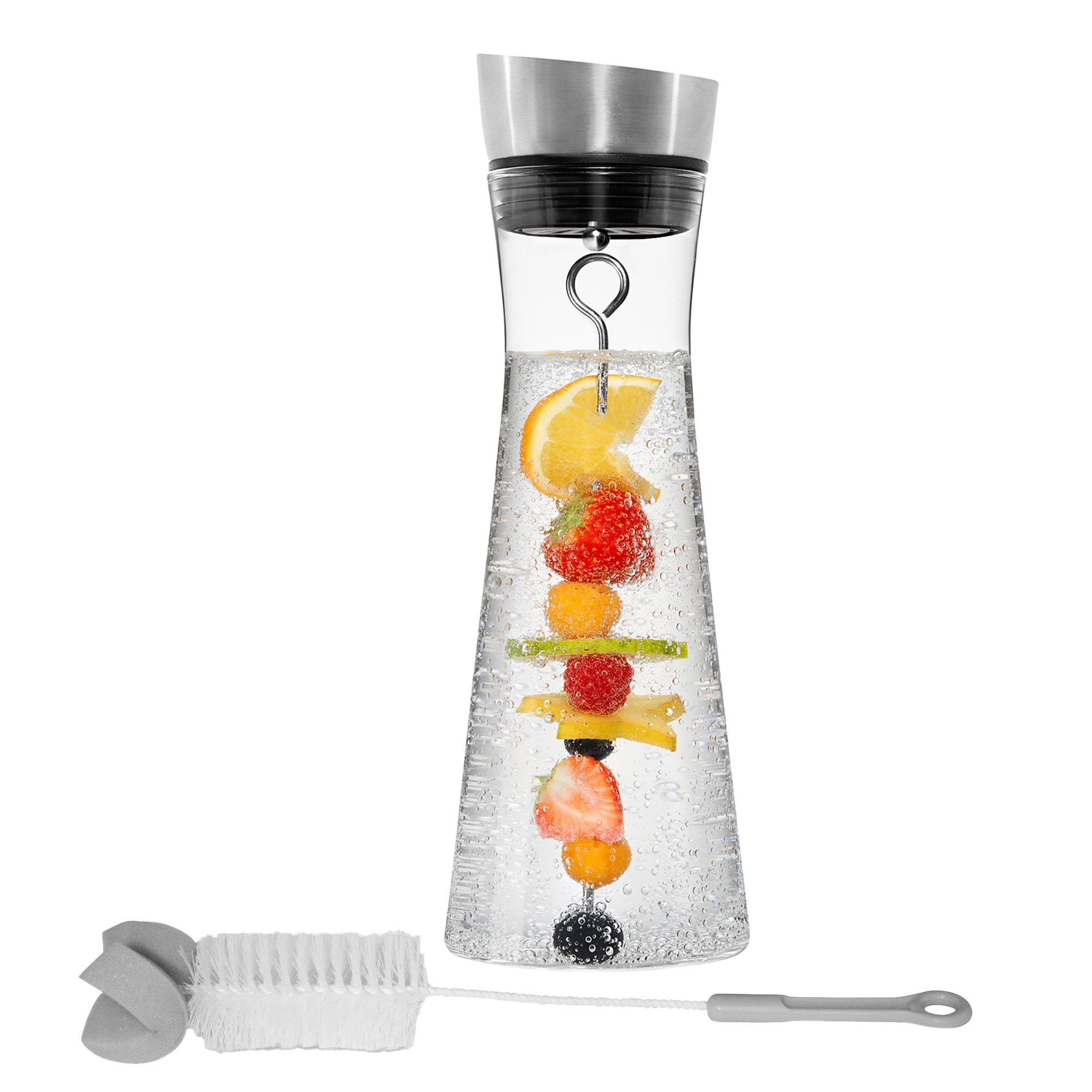Stoneline Glaskaraffe 1 Liter, mit Fruchtspiess / Fruchteinsatz und Sp&uuml;lb&uuml;rste, Wasserkaraffe mit Ausgie&szlig;er aus Edelstahl, Glaskaraffe mit Deckel, Karaffe mit Fruchteinsatz - Bild 1