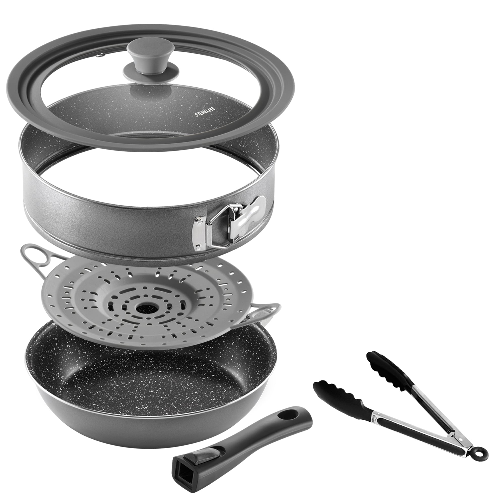 STONELINE&reg; Multi Back- und Dampf-Pfannen-Kombination, mit Glasdeckel, Dampfeinsatz, Backring, Kochzange, mit abnehmbarem Griff, induktionsgeeignet, Grau - Bild 1