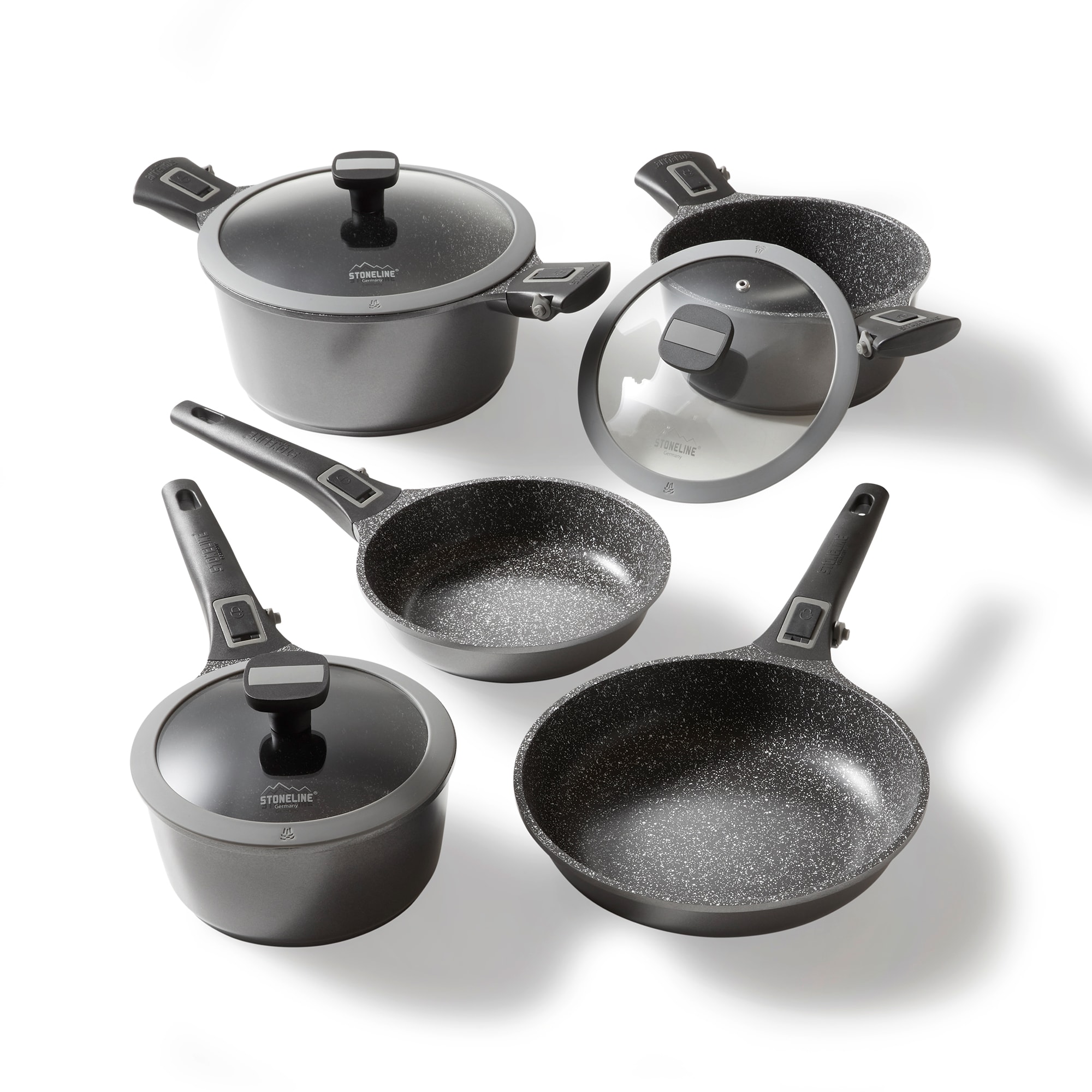 Stoneline SMART Topf und Pfannenset, 8-teilig, mit Deckel und abnehmbarem Griff, Induktion, Aluguss, Pfanne mit echten Steinpartikeln beschichtet, grau - Bild 1