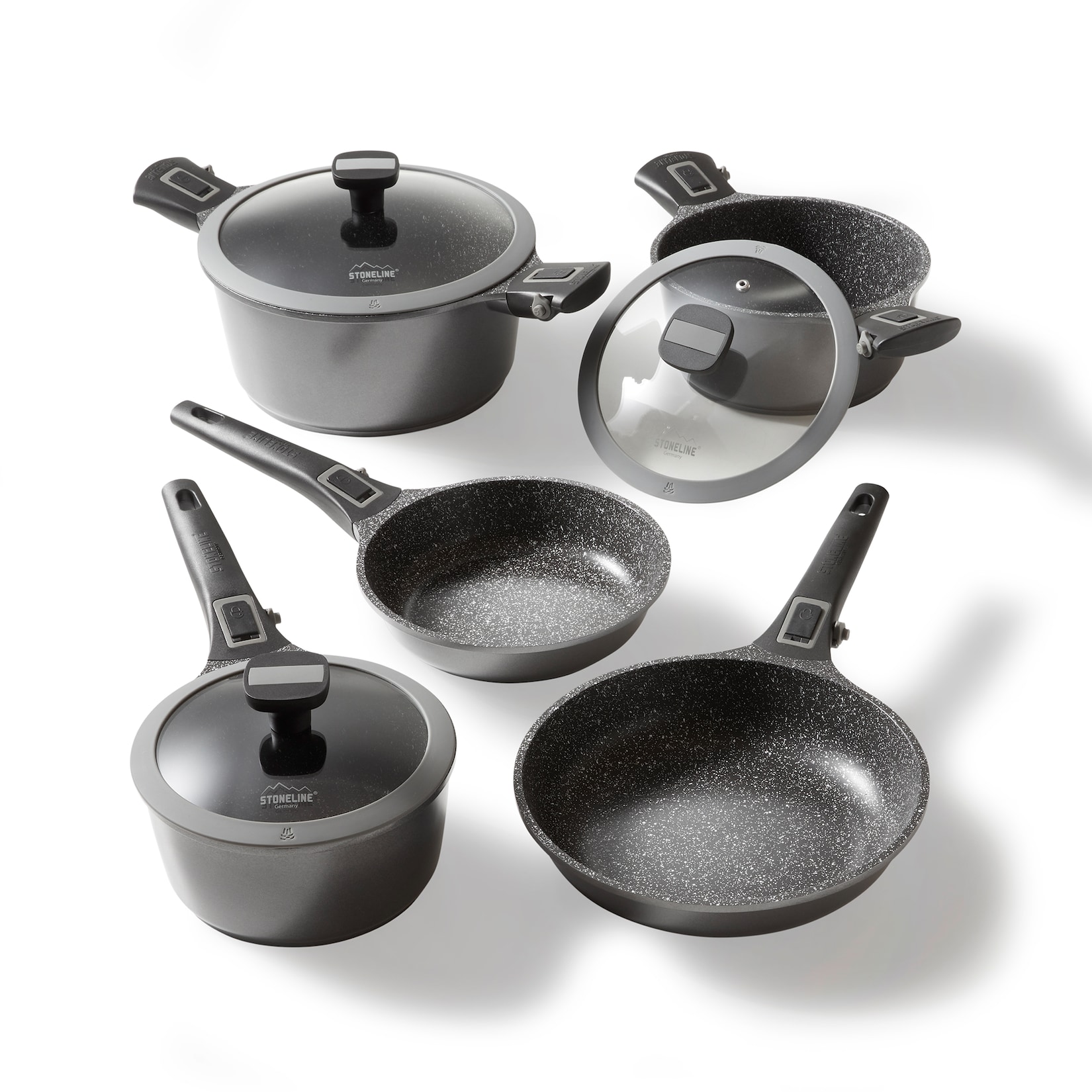 Stoneline SMART Topf und Pfannenset, 8-teilig, mit Deckel und abnehmbarem Griff, Induktion, Aluguss, Pfanne mit echten Steinpartikeln …