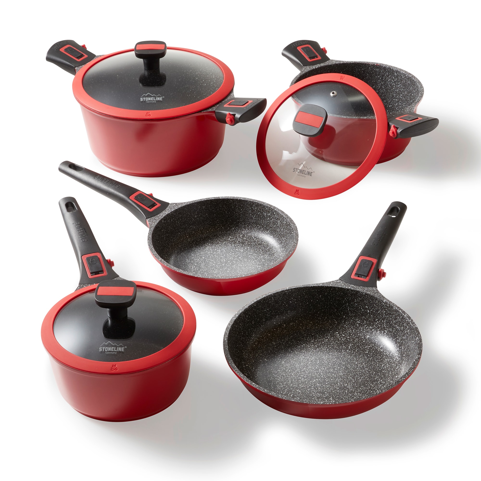 Stoneline SMART Topf und Pfannenset, 8-teilig, mit Deckel und abnehmbarem Griff, Induktion, Aluguss, Pfanne mit echten Steinpartikeln beschichtet, rot - Bild 1