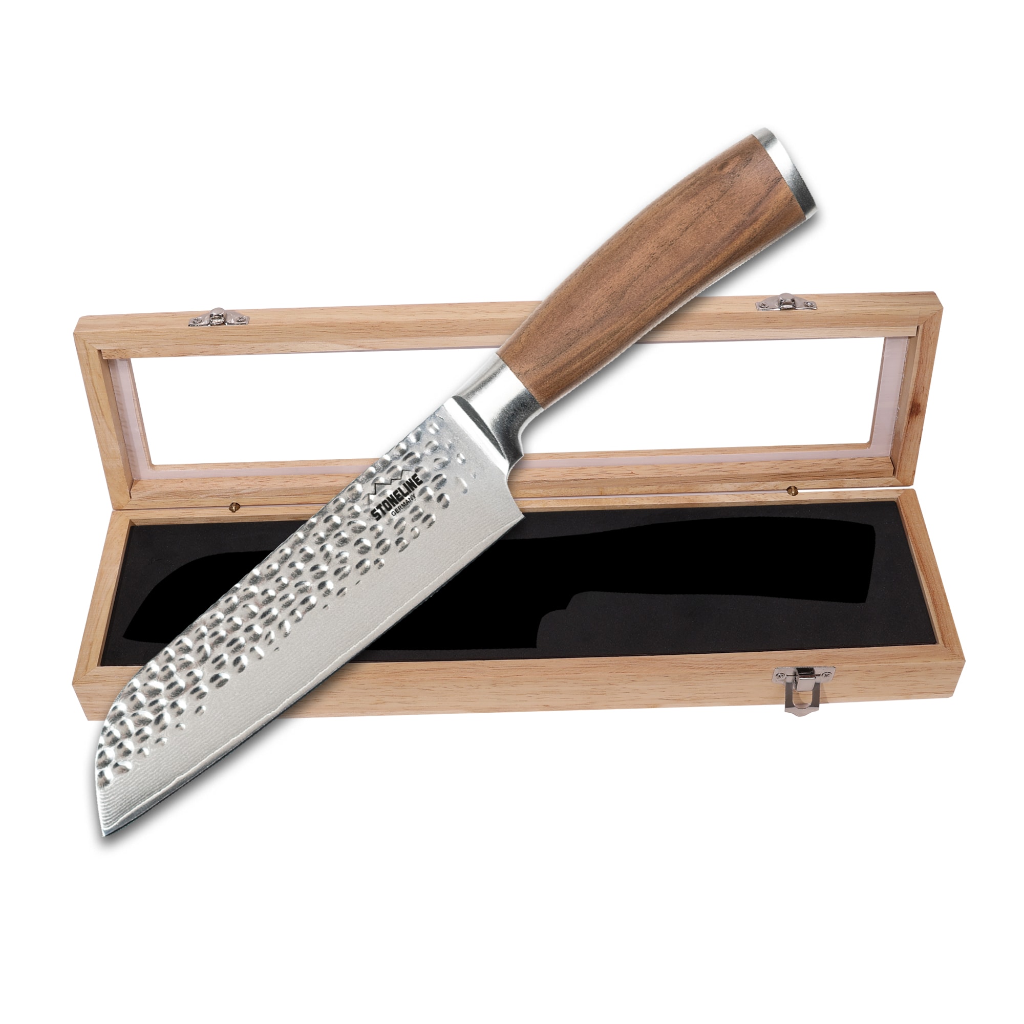 STONELINE Hammerschlag Damastmesser Santoku Messer extrem scharfe 16,5 cm Klinge aus 67 Lagen, Damast Profi Kochmesser mit Hammerschlag & Nussbaumgriff - Bild 1