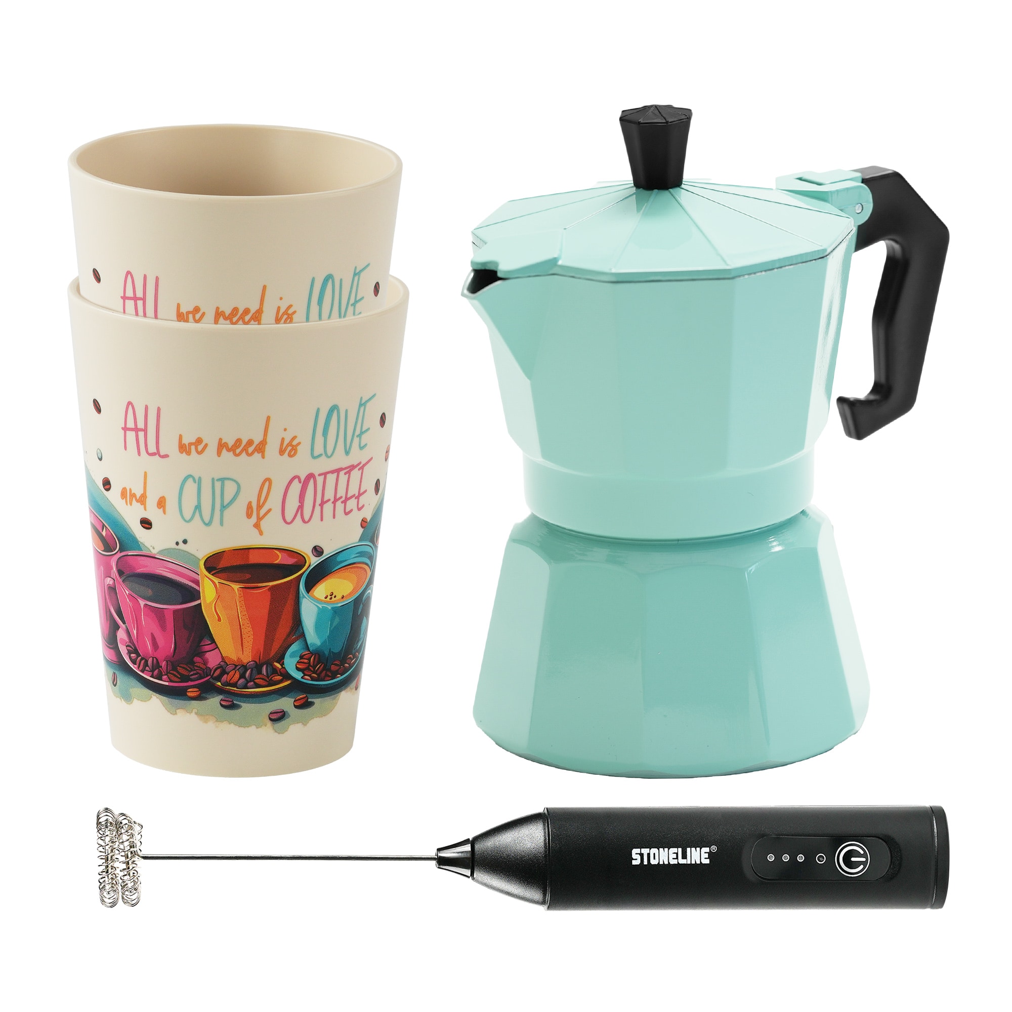 STONELINE Espressokocher Set mit Becher & Milchaufsch&auml;umer, Mint - Bild 1
