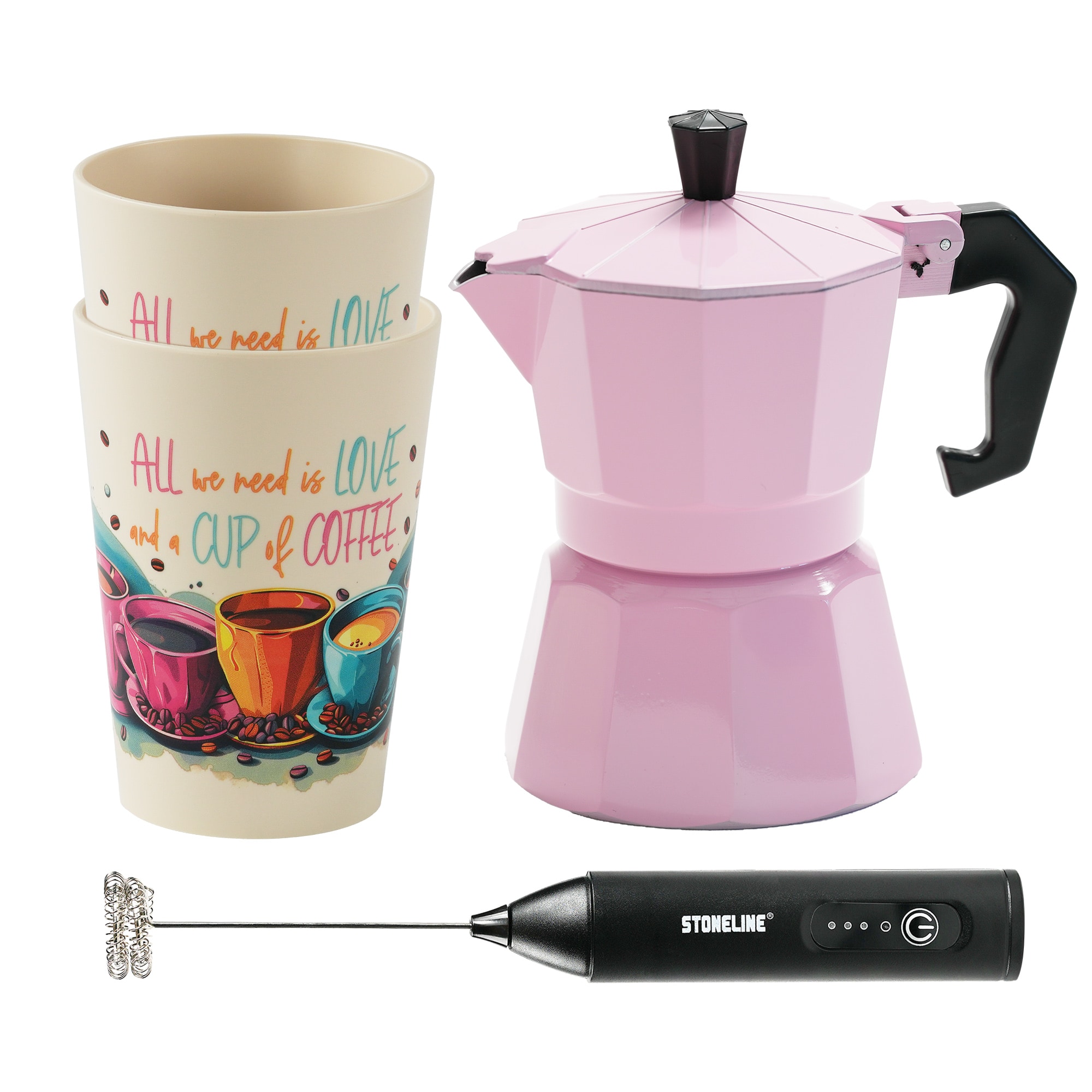 STONELINE Espressokocher Set mit Becher & Milchaufsch&auml;umer, Rosa - Bild 1