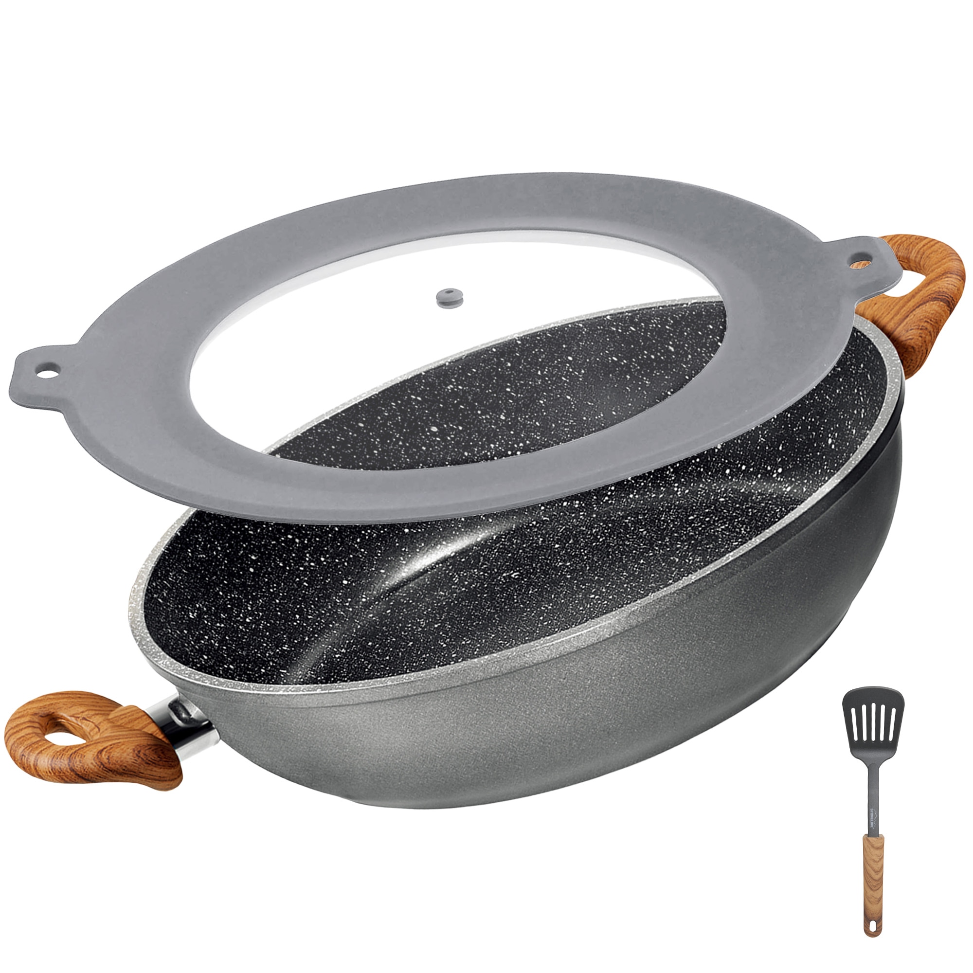 STONELINE Set 28cm Servierpfanne MIG und Pfannenwender, Holzoptik mit Multifunktionsglasdeckel - Bild 1