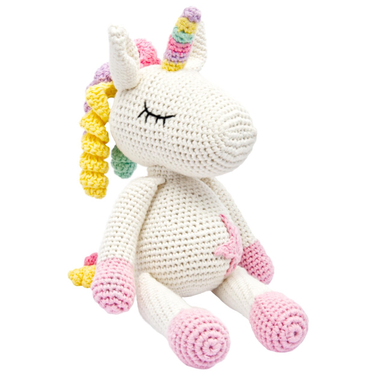 Handgestrickter Einhorn "Gl&uuml;cksbringer" Spielzeug aus Baumwolle 28cm - Bild 1