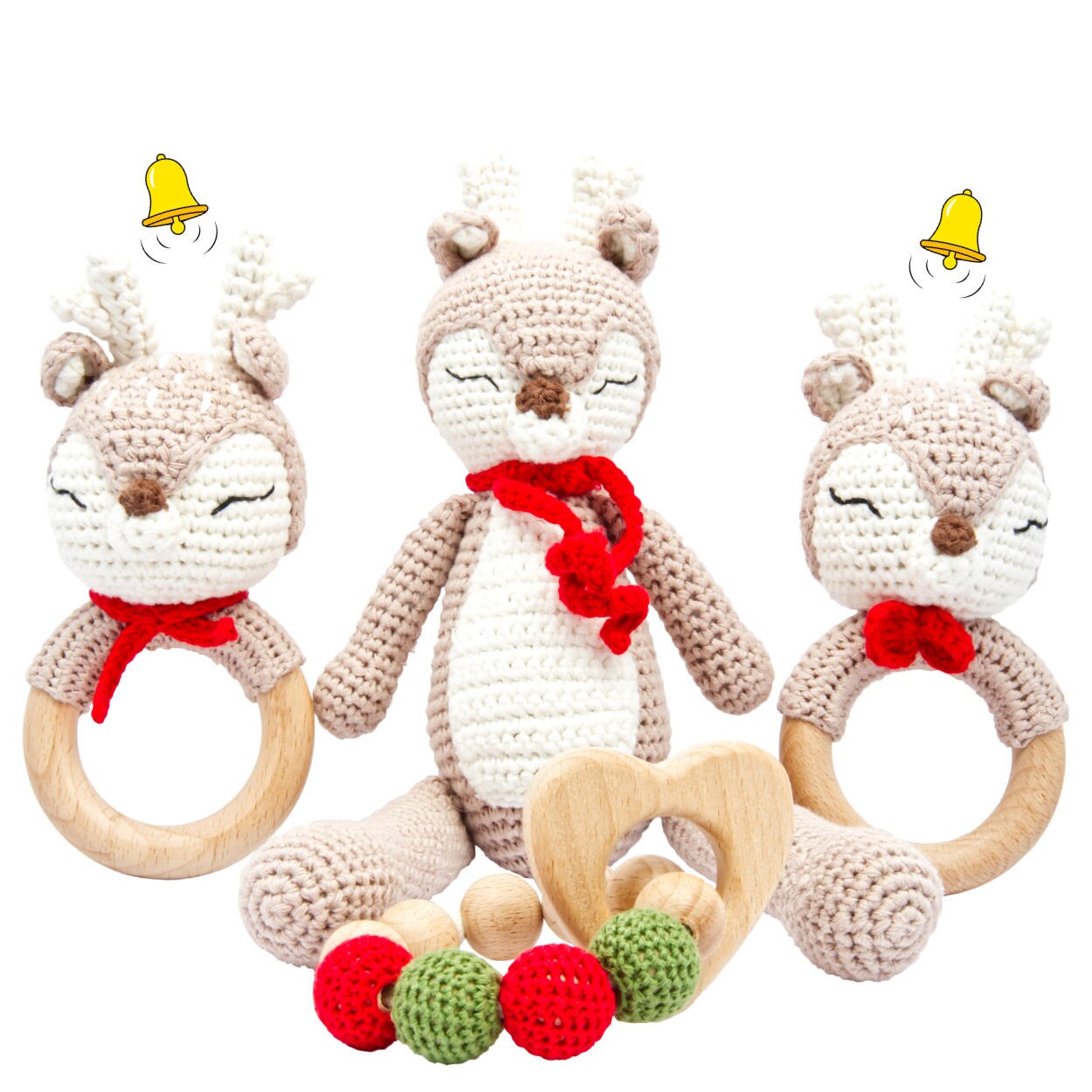 Handgestrickter Reh Ivy Set Babyrassel Holzspielzeug und Baumwolle | 04255686400262