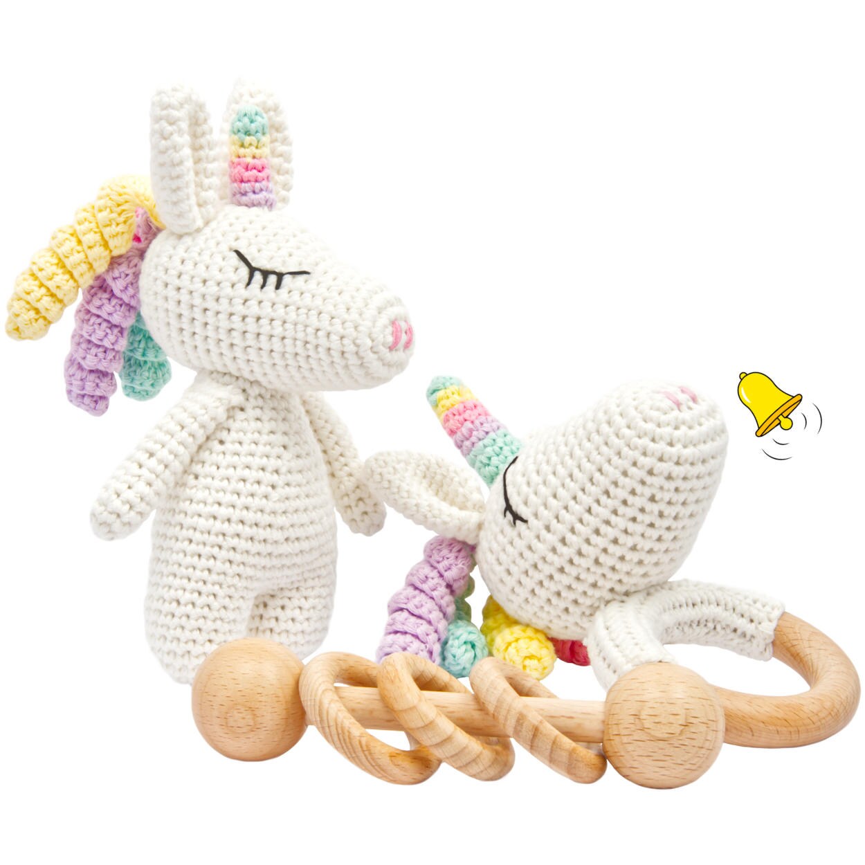 Handgestrickter Einhorn Rainbow Set Babyrassel Holz Baumwolle 16 cm - Bild 1