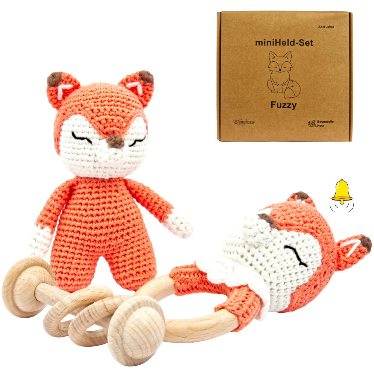 Handgestrickter Fuchs Fuzzy Set Babyrassel Holz Baumwolle 15 cm - Bild 1