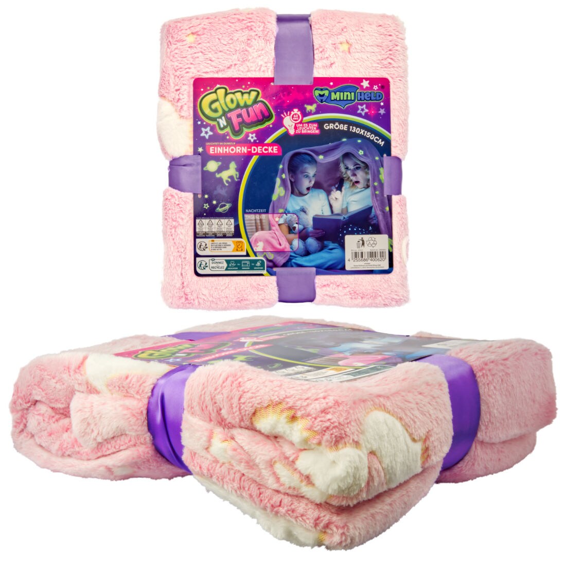 Kinderdecke Kuscheldecke Einhorn Motiv leuchtet im Dunkeln 130x150cm - Bild 1