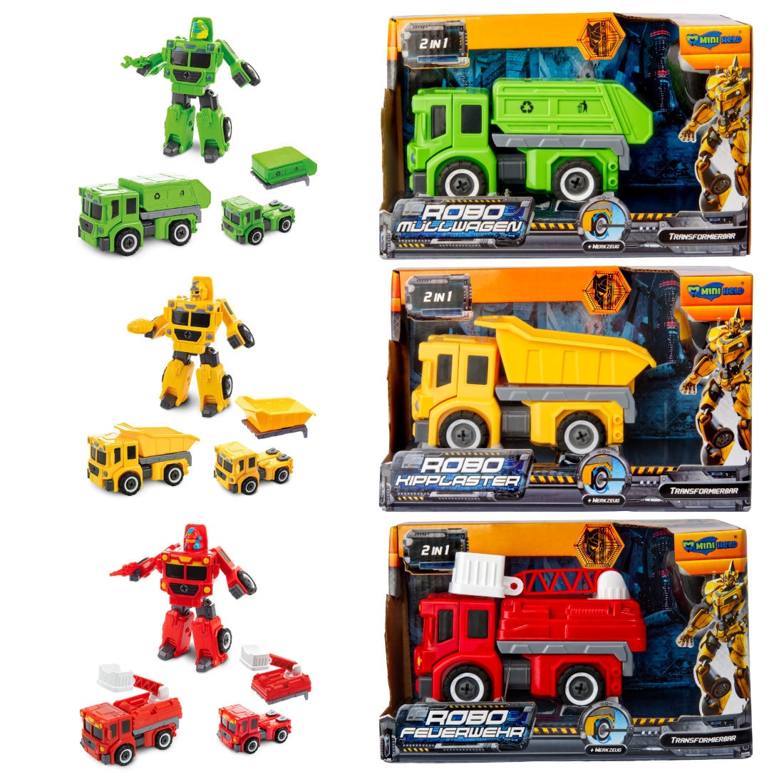 3er Set Transformierbarer Roboter Feuerwehr, Kipplaster, M&uuml;llwagen - Bild 1