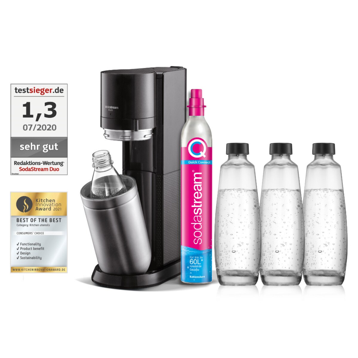 SodaStream DUO Titan Wassersprudler inkl. 3 Glasflaschen + 1 PET Flasche