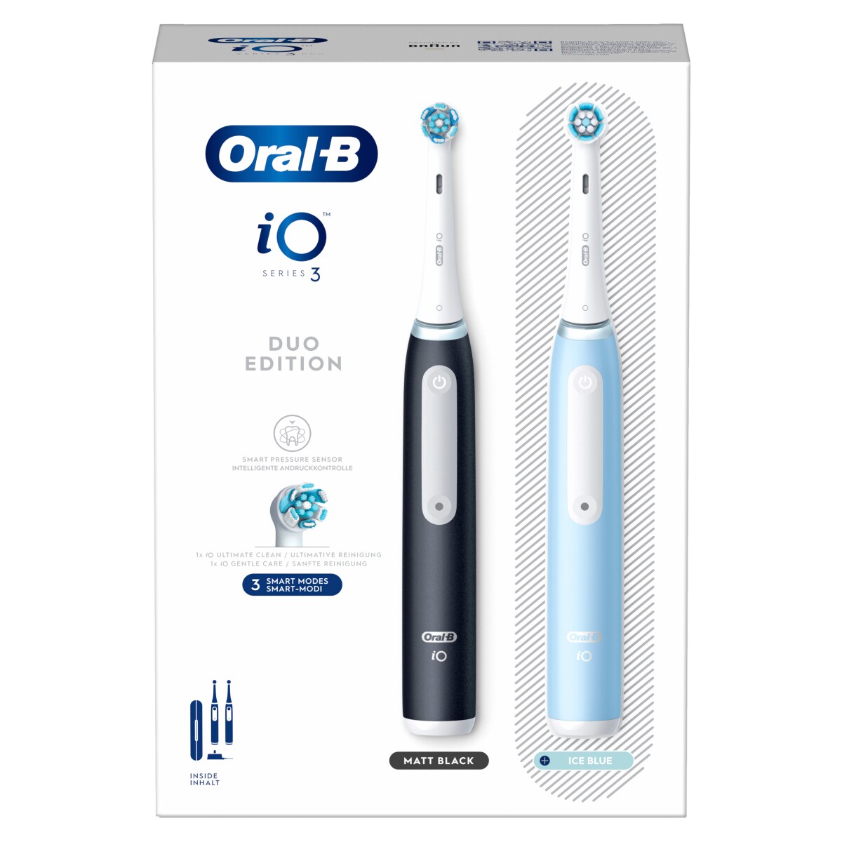Oral-B iO Series 3 Elektrische Zahnb&uuml;rste/Electric Toothbrush, Doppelpack, 2 Aufsteckb&uuml;rsten, 3 Putzmodi f&uuml;r Zahnpflege, Magnet-Technologie, Reiseetui, TESTSIEGER Stiftung Warentest (12/2024), Matt Black/Ice Blue - Bild 1