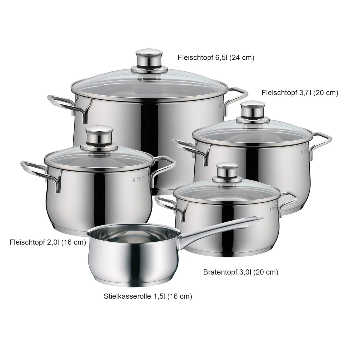 WMF Diadem Plus Topfset Induktion 5-teilig, Kochtopf Set mit Glasdeckel, Cromargan Edelstahl poliert, Induktions Töpfe Set unbeschichtet online kaufen bei Netto