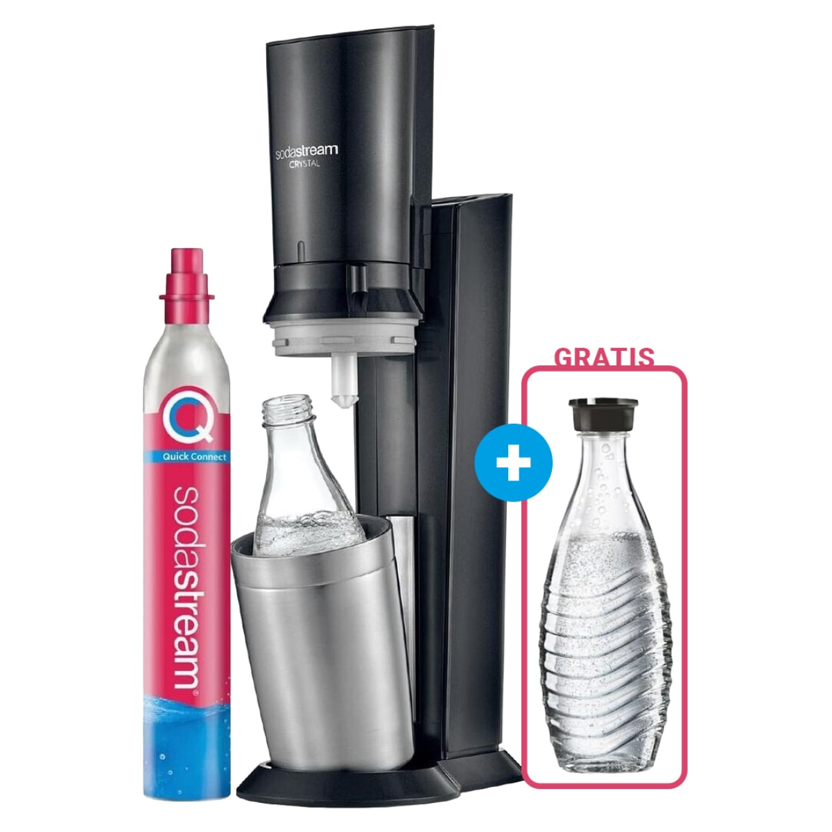 SodaStream Crystal 3.0 Titan Wassersprudler mit QC CO2-Zylinder und 1x Glaskaraffe + 1 GRATIS Glaskaraffe - Bild 1