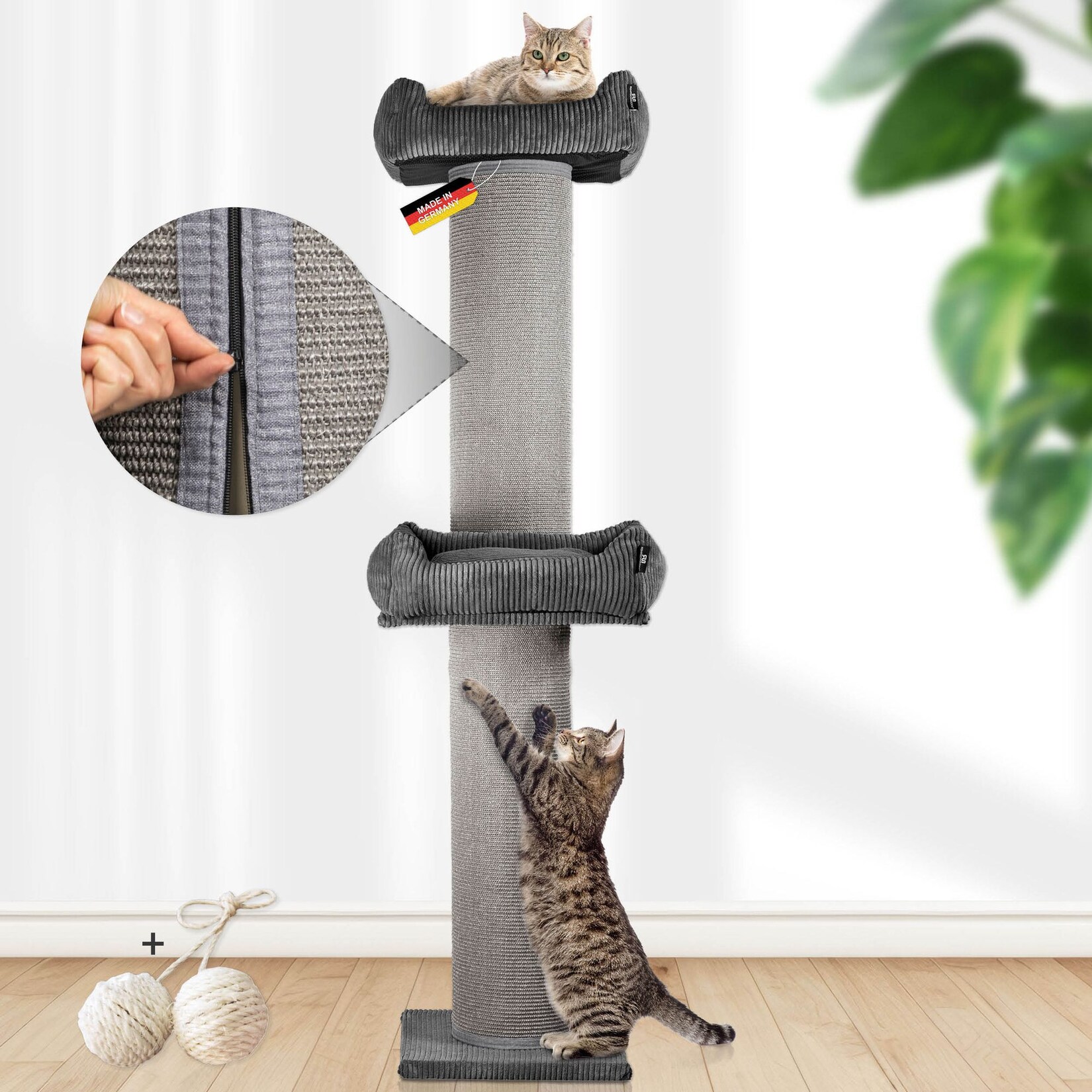 Rohrschneider XXL Kratzbaum FRIEDA – Kratztonne XXL austauschbare Kratzmatten stabil extra breite Säule Cord-Bezug waschbar Kratzbaum für große, mittlere und kleine Katzen Cord