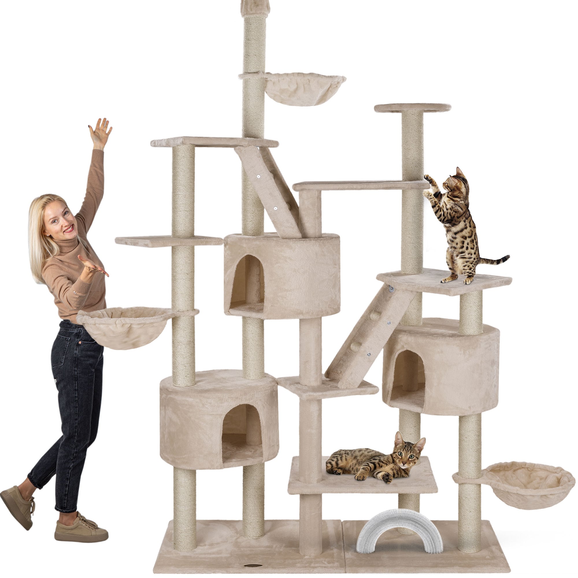 HAPPYPET XXL Kratzbaum Simba deckenhoch 260 cm - Kletterbaum Paradies, Extra Breit, H&ouml;hlen, Liegemulden, Gro&szlig;er Katzenbaum Stabil f&uuml;r Katzen, 9 cm S&auml;ulen, viel Zubeh&ouml;r | Beige - Bild 1