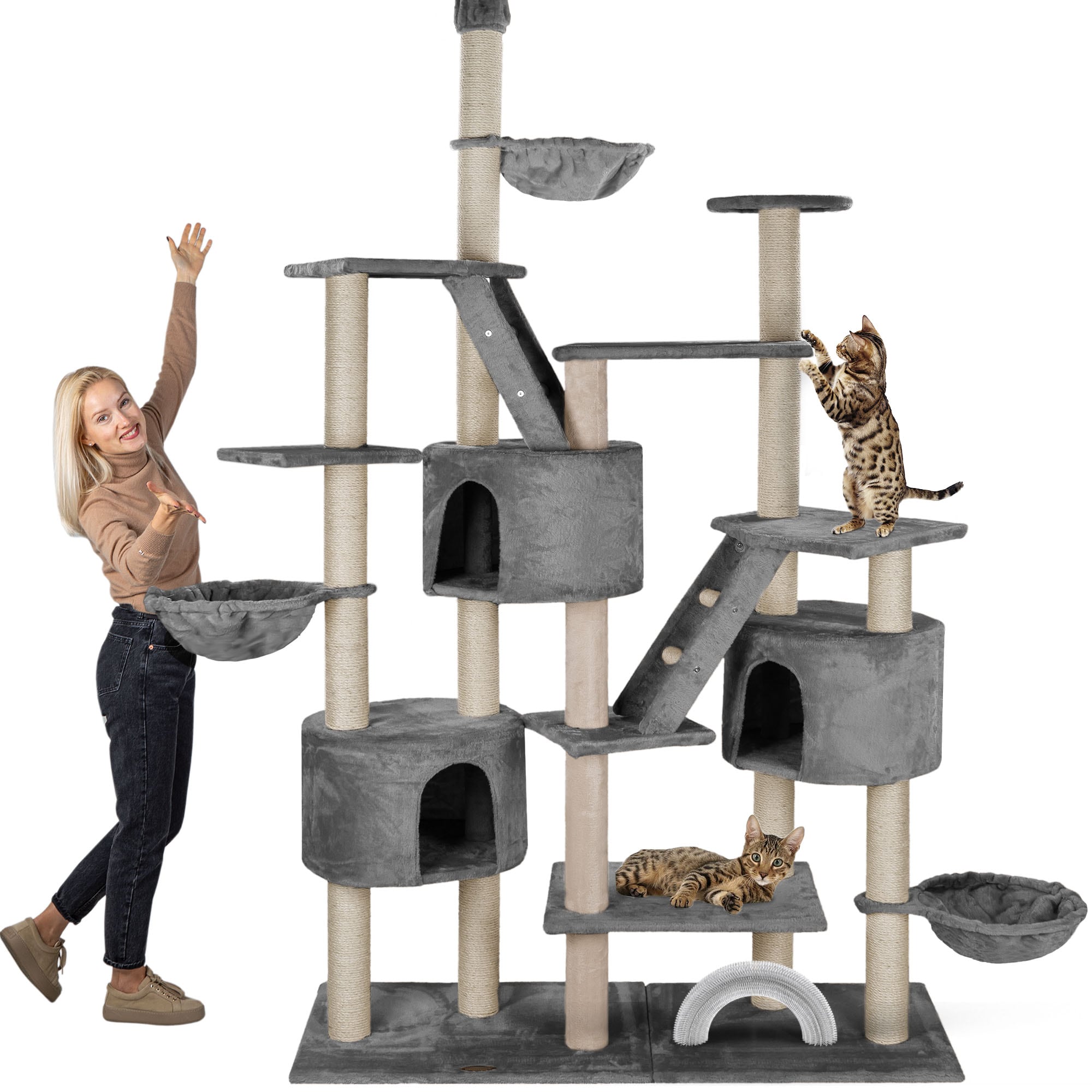 HAPPYPET XXL Kratzbaum Simba deckenhoch 260 cm - Kletterbaum Paradies, Extra Breit, H&ouml;hlen, Liegemulden, Gro&szlig;er Katzenbaum Stabil f&uuml;r Katzen, 9 cm S&auml;ulen, viel Zubeh&ouml;r | Grau - Bild 1