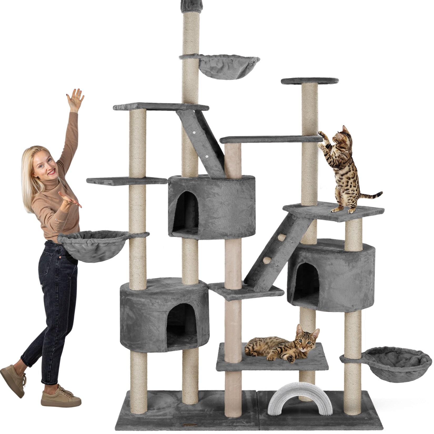 HAPPYPET XXL Kratzbaum Simba deckenhoch 260 cm - Kletterbaum Paradies, Extra Breit, Höhlen, Liegemulden, Großer Katzenbaum Stabil für Katzen, 9 cm Säulen, viel Zubehör Grau