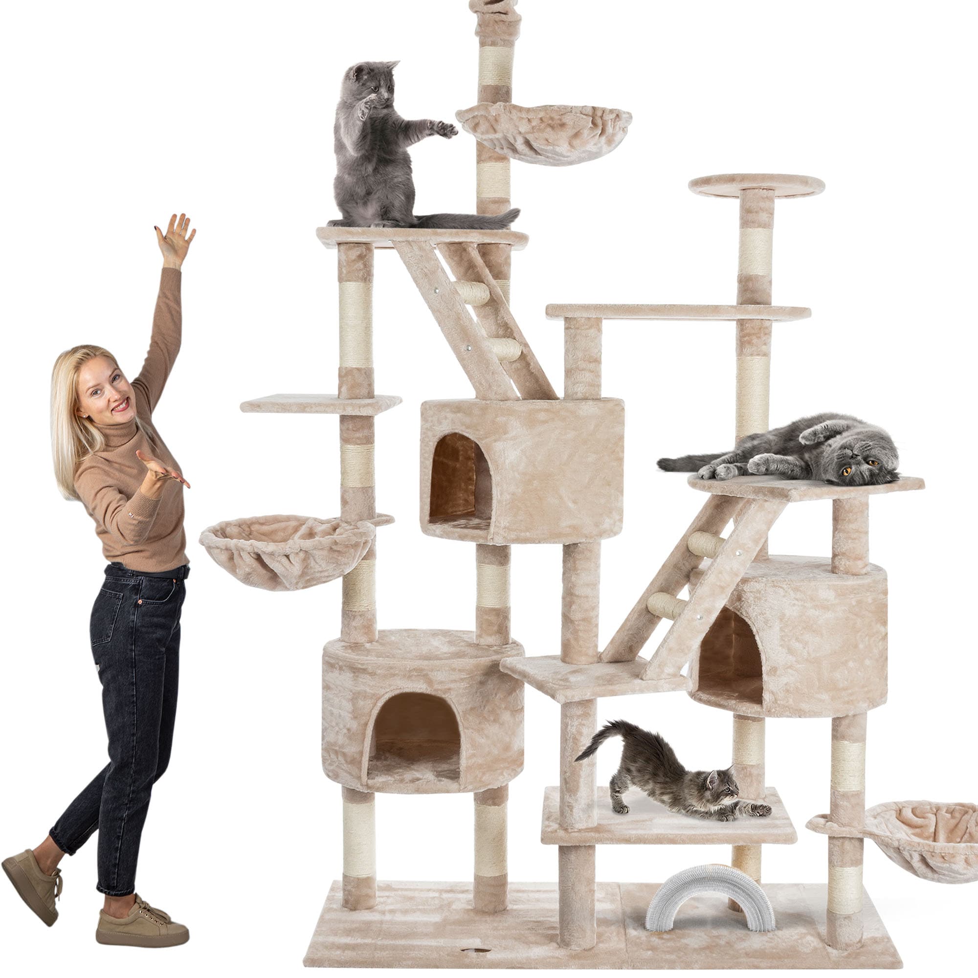 HAPPYPET Kratzbaum deckenhoch 260 cm hoch, Kletterbaum SAM &ndash; Gro&szlig;er XXL Katzenbaum Stabil f&uuml;r mehrere Katzen, stabile 8 cm S&auml;ulen, Liegemulden, H&auml;user, mit Zubeh&ouml;r | Beige 260 cm - Bild 1