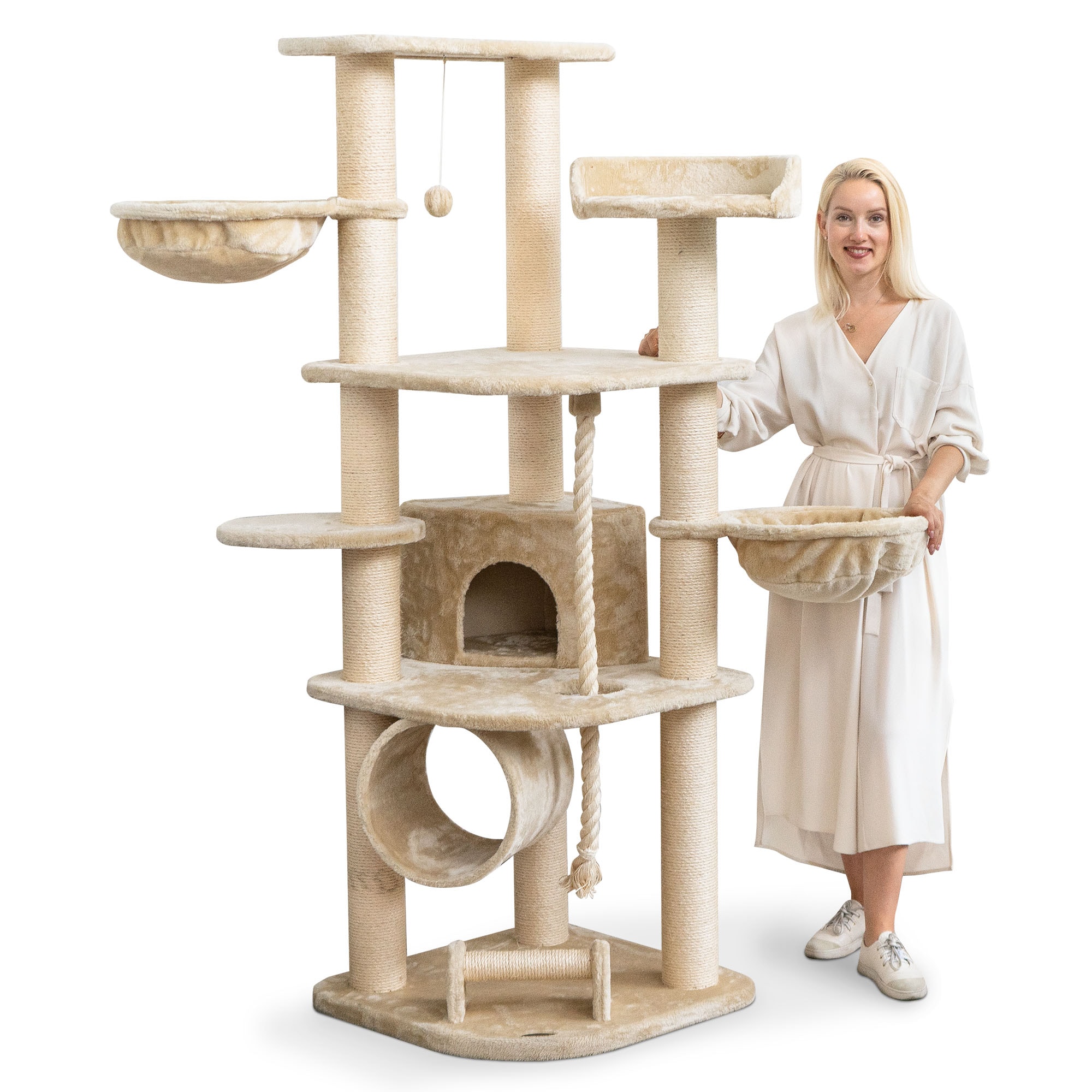 HAPPYPET Kratzbaum f&uuml;r Katzen gro&szlig; 181 cm hoch - Stabiler Kletterbaum Katzenbaum, dicke St&auml;mme mit 11 cm, Haus & Spieltunnel, gro&szlig;e Liegemulden, Spietau mit Kratzrolle | Beige - Bild 1