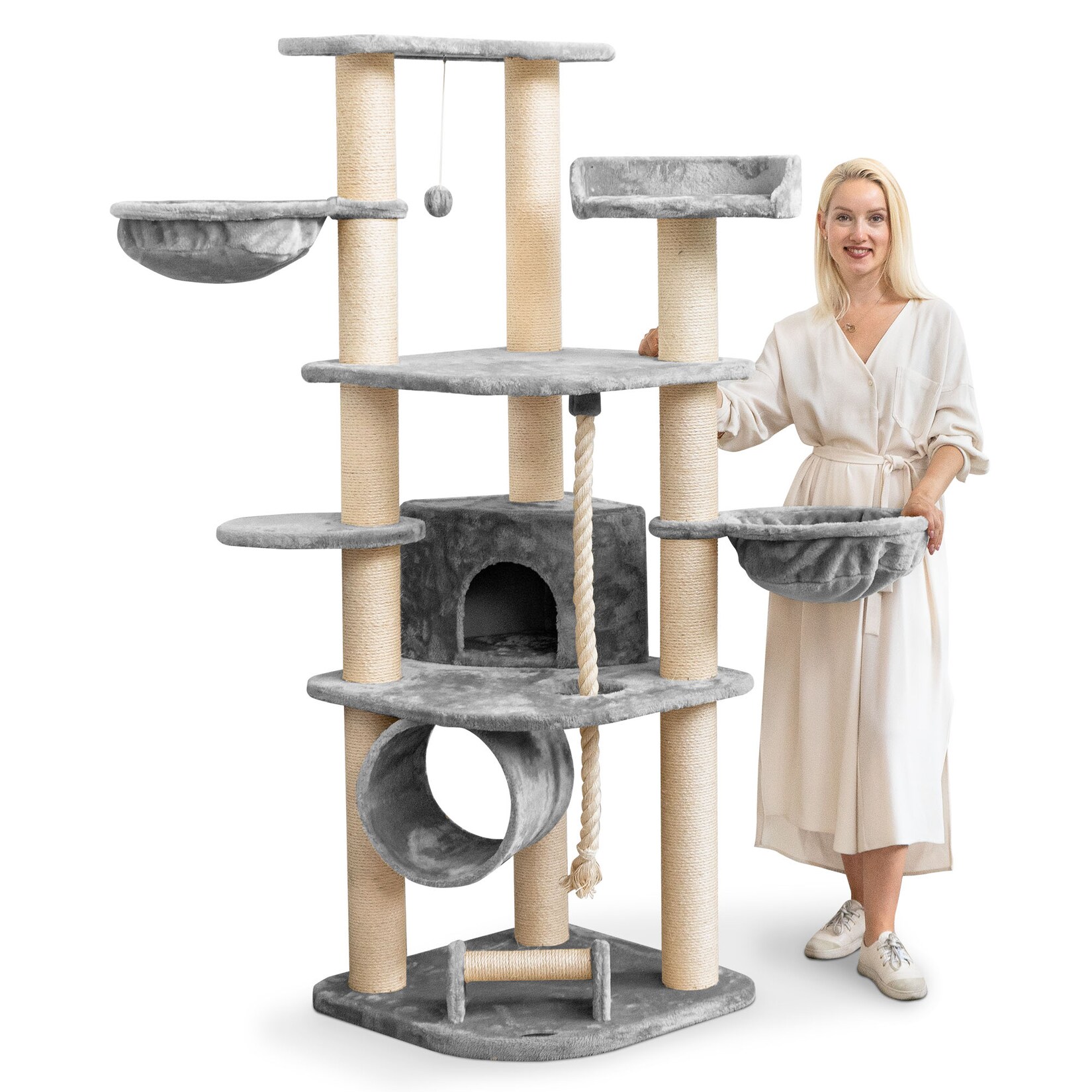 HAPPYPET Kratzbaum für Katzen groß 181 cm hoch - Stabiler Kletterbaum Katzenbaum, dicke Stämme mit 11 cm, Haus & Spieltunnel, große Liegemulden, Spietau mit Kratzrolle Grau