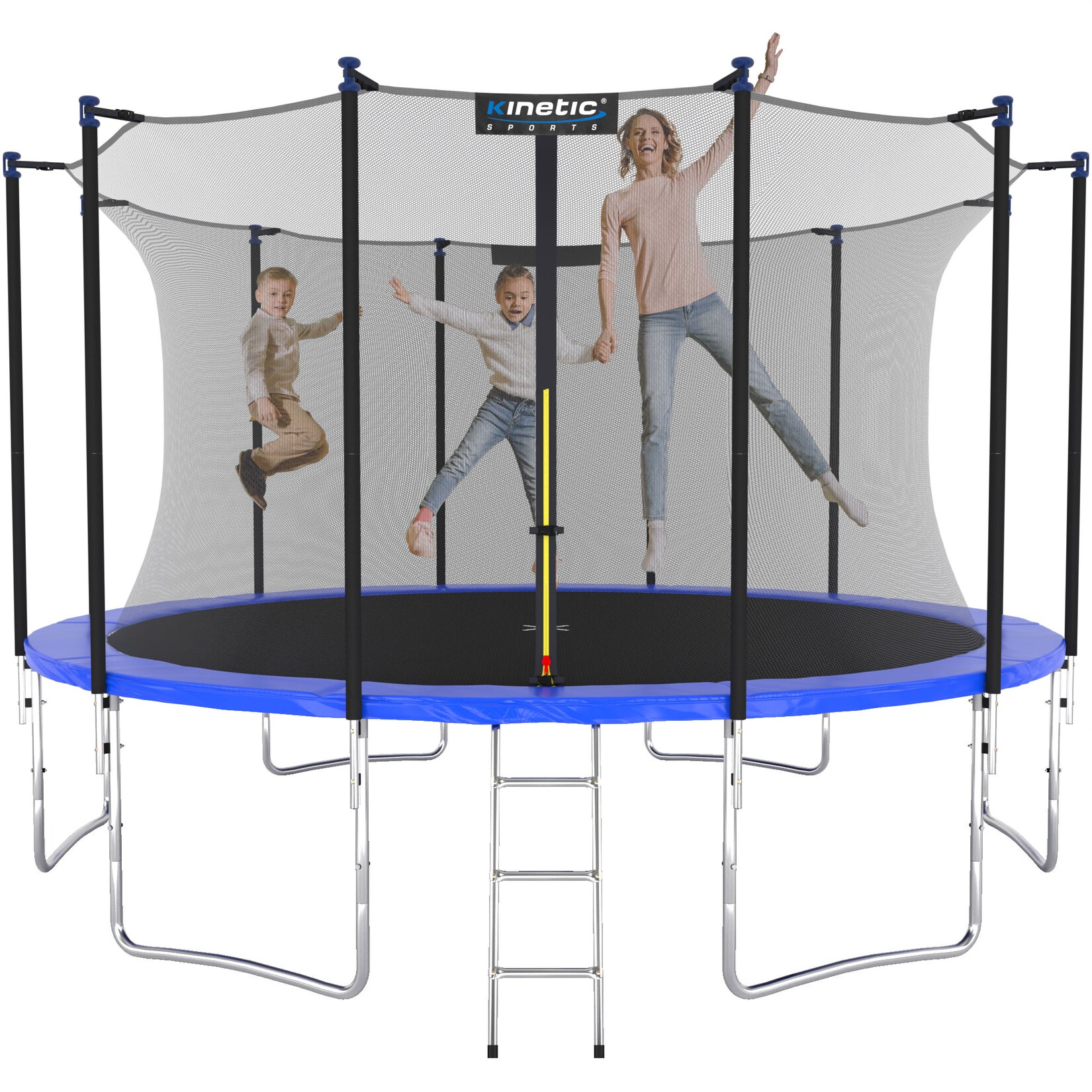 KINETIC SPORTS Trampolin Outdoor SALTO Ø 183/244/305/366/400/430/490 cm - Kindertrampolin Set mit Leiter, Netz, Randpolster, USA Sprungtuch - Gartentrampolin, bis zu 160kg Blau Ø 430 cm Ø 430 cm, Blau