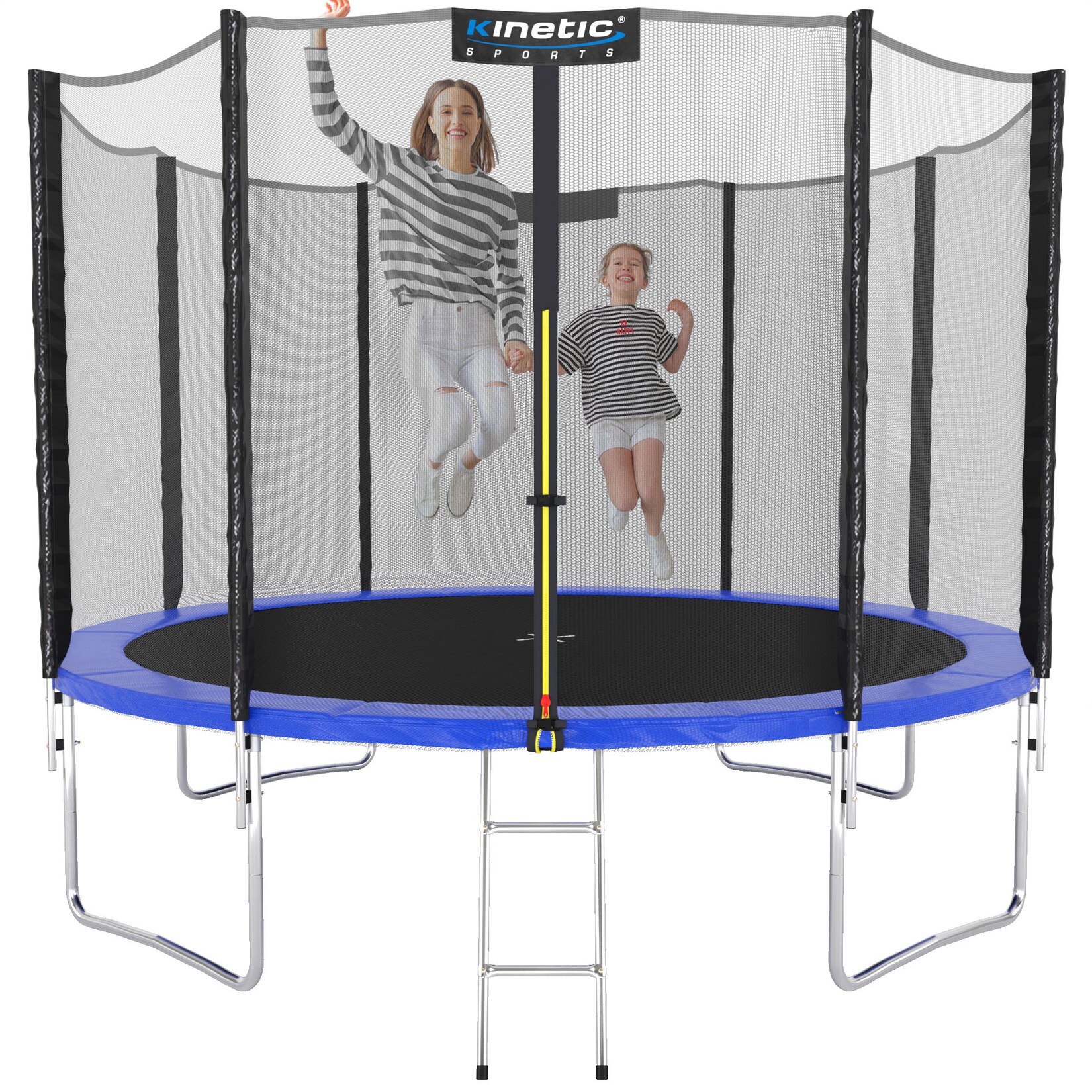 KINETIC SPORTS Trampolin Outdoor SALTO Ø 183/244/305/366/400/430/490 cm - Kindertrampolin Set mit Leiter, Netz, Randpolster, USA Sprungtuch - Gartentrampolin, bis zu 160kg Blau Ø 183 cm Ø 183 cm, Blau