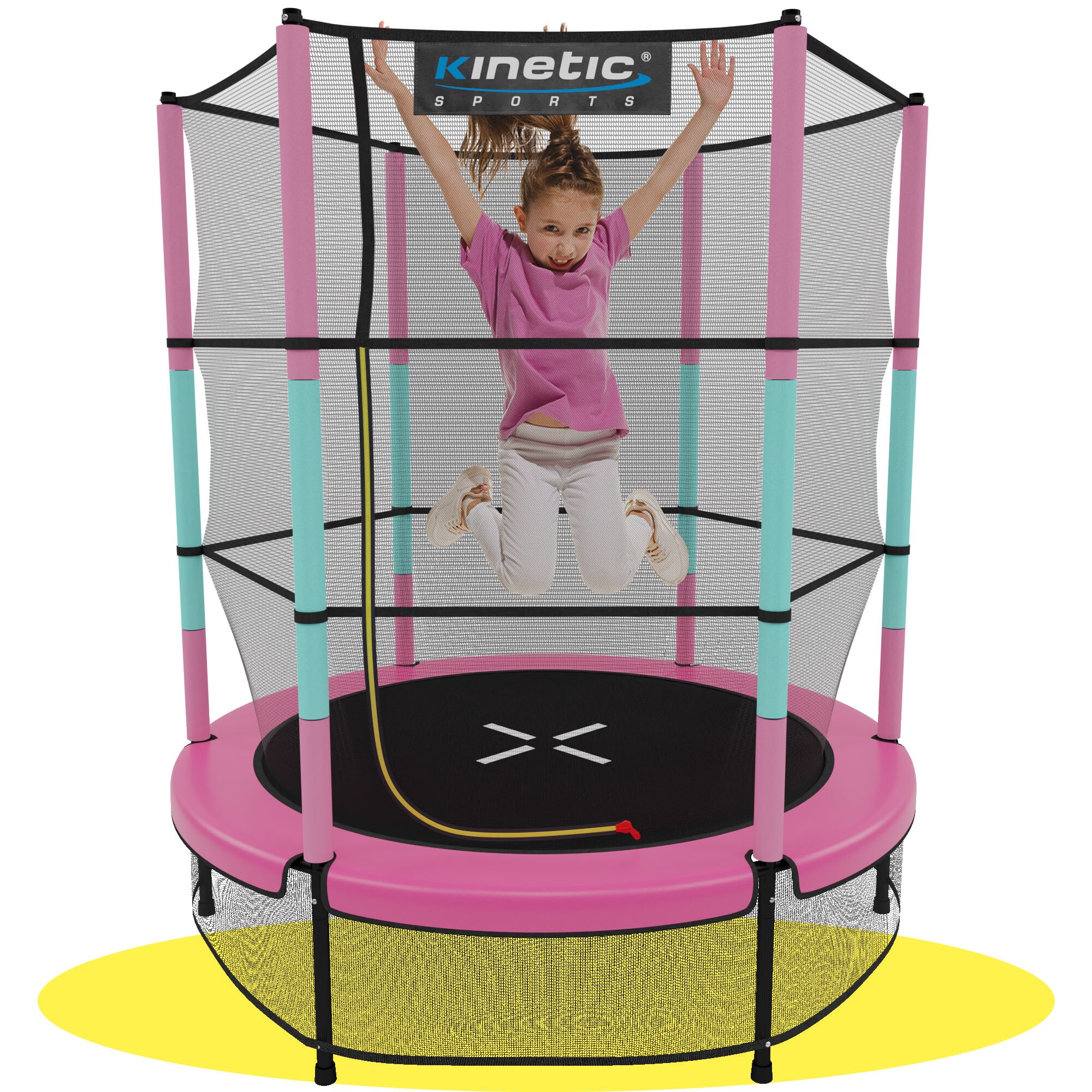 KINETIC SPORTS Kinder Trampolin JUMPER 140 cm - Inklusive Gummiseil Federung, Sicherheitsnetz mit Rei&szlig;verschluss, Rahmenpolster, Schutz Bodennetz - Indoor Kindertrampolin Spielzeug | Pink-T&uuml;rkis - Bild 1