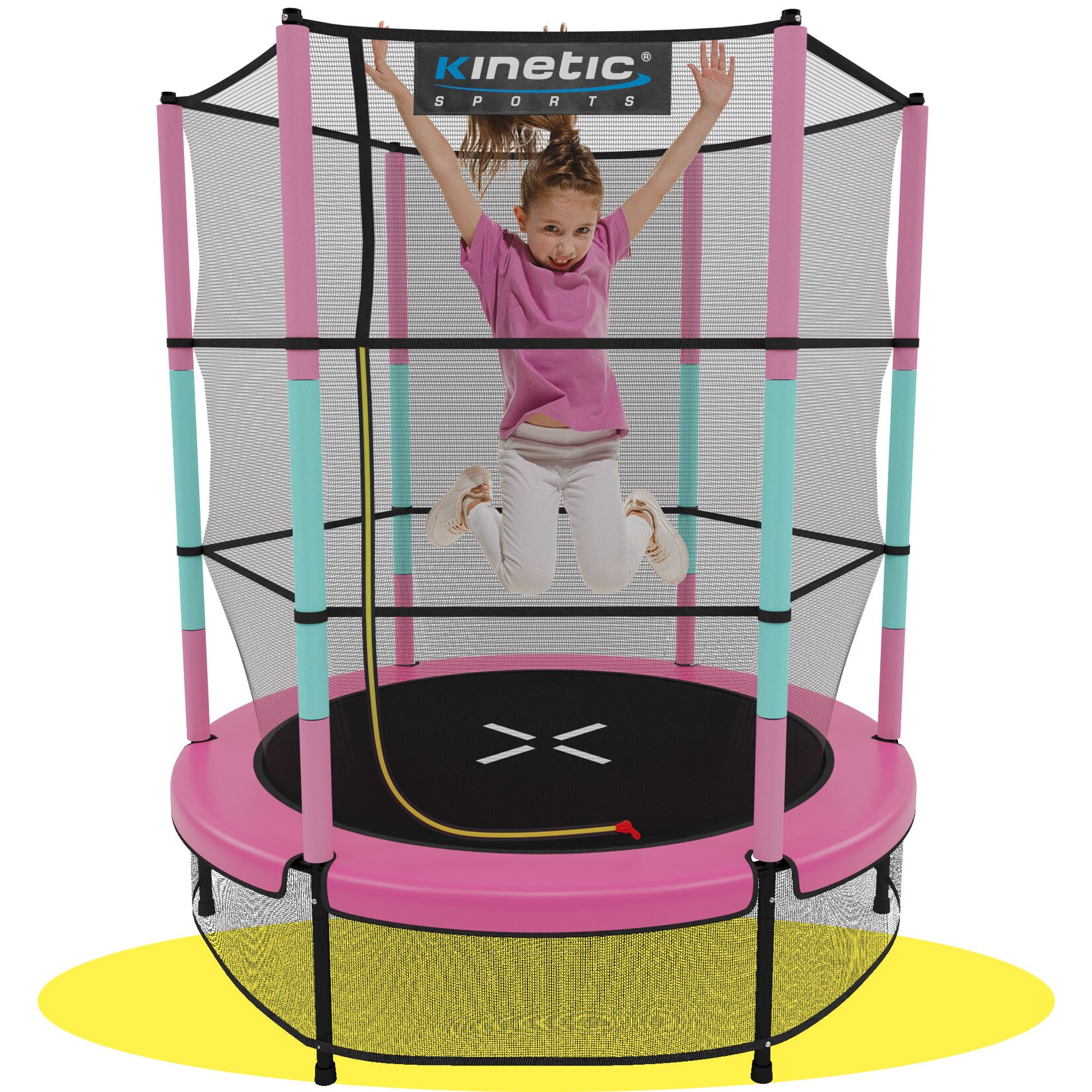 KINETIC SPORTS Kinder Trampolin JUMPER 140 cm - Inklusive Gummiseil Federung, Sicherheitsnetz mit Reißverschluss, Rahmenpolster, Schutz Bodennetz - Indoor Kindertrampolin Spielzeug Pink-Türkis