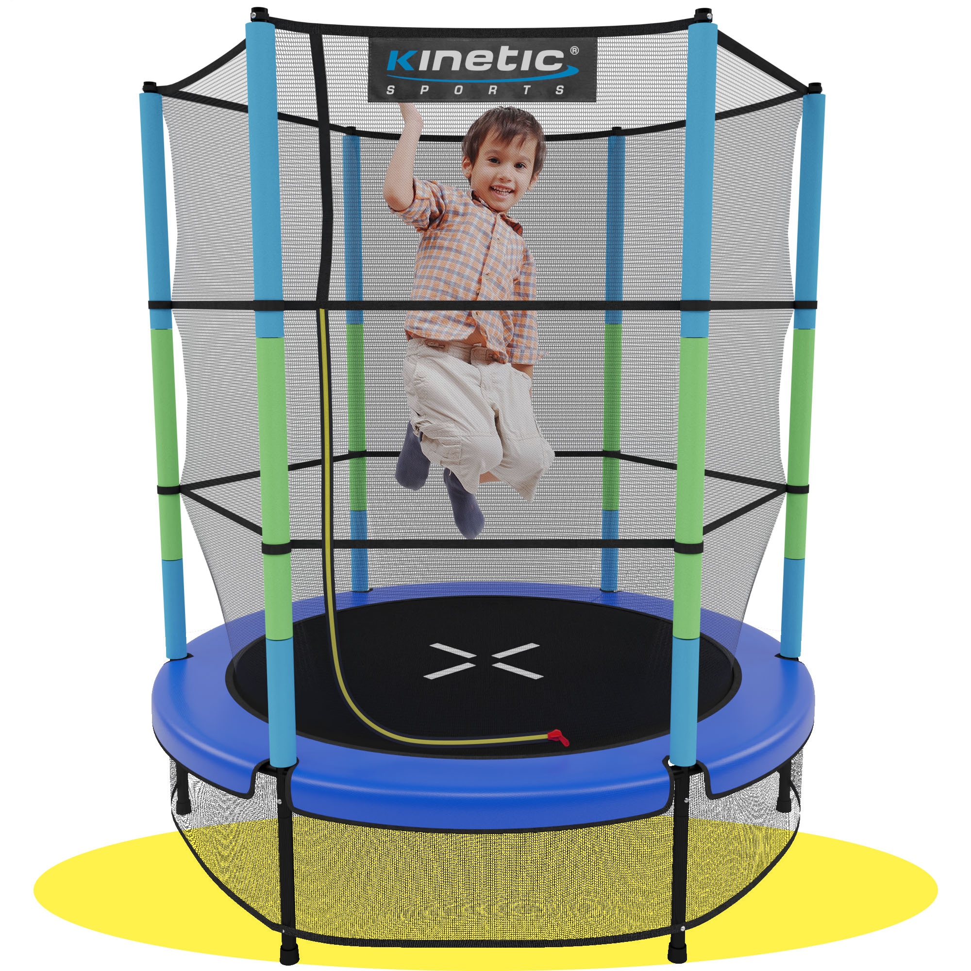 KINETIC SPORTS Kinder Trampolin JUMPER 140 cm - Inklusive Gummiseil Federung, Sicherheitsnetz mit Rei&szlig;verschluss, Rahmenpolster, Schutz Bodennetz - Indoor Kindertrampolin Spielzeug | Blau - Bild 1