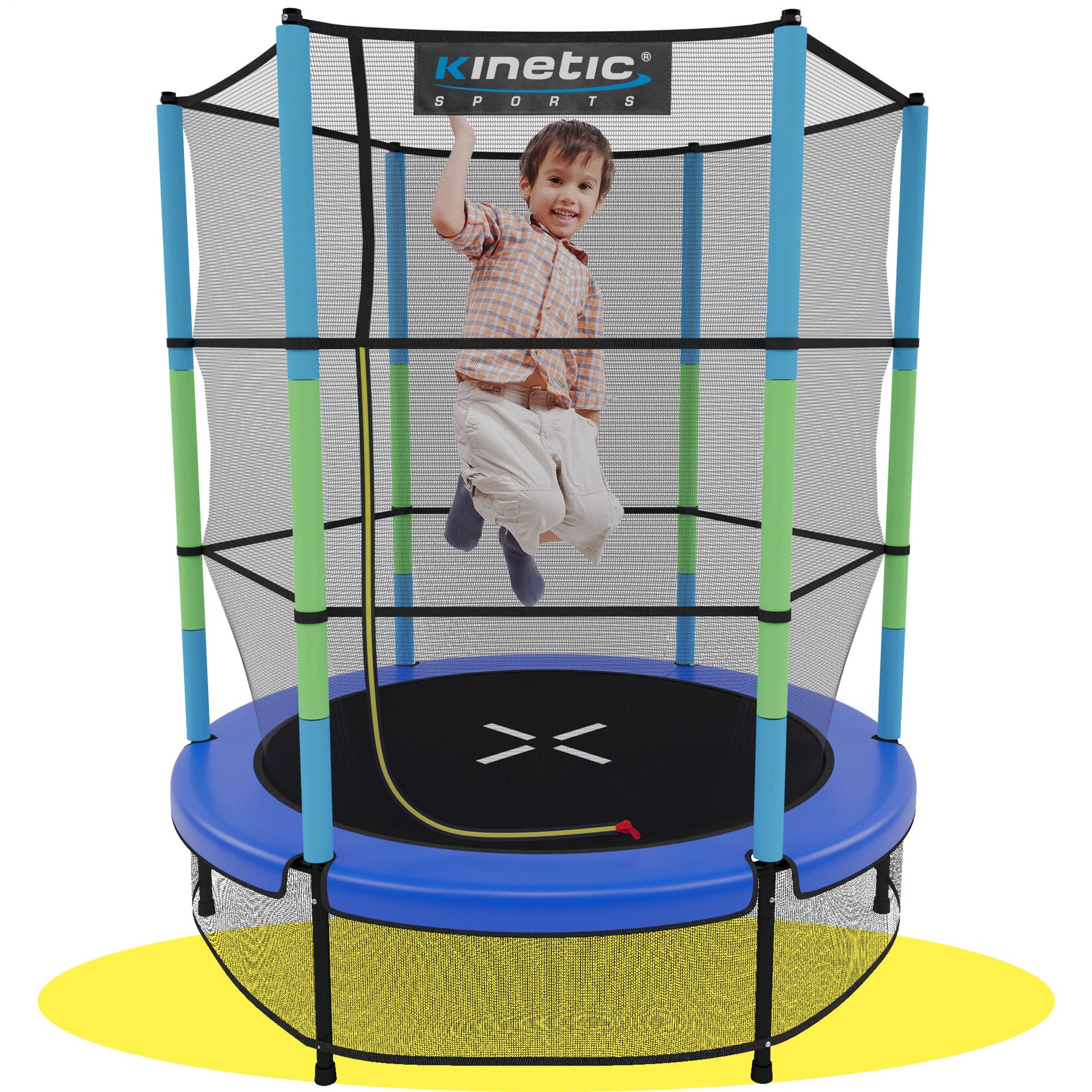 KINETIC SPORTS Kinder Trampolin JUMPER 140 cm - Inklusive Gummiseil Federung, Sicherheitsnetz mit Reißverschluss, Rahmenpolster, Schutz Bodennetz - Indoor Kindertrampolin Spielzeug Blau