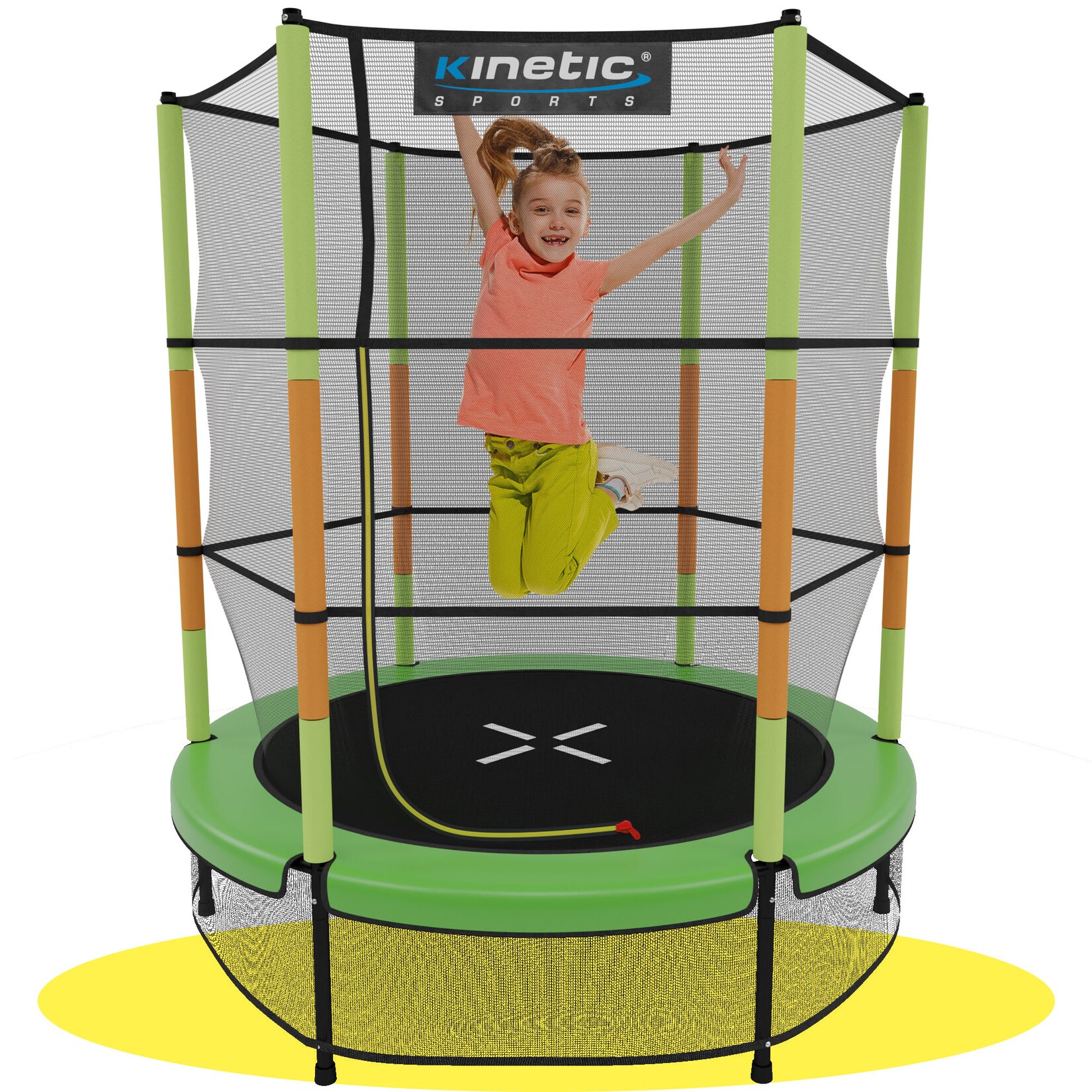 KINETIC SPORTS Kinder Trampolin JUMPER 140 cm - Inklusive Gummiseil Federung, Sicherheitsnetz mit Reißverschluss, Rahmenpolster, Schutz Bodennetz - Indoor Kindertrampolin Spielzeug Grün-Orange