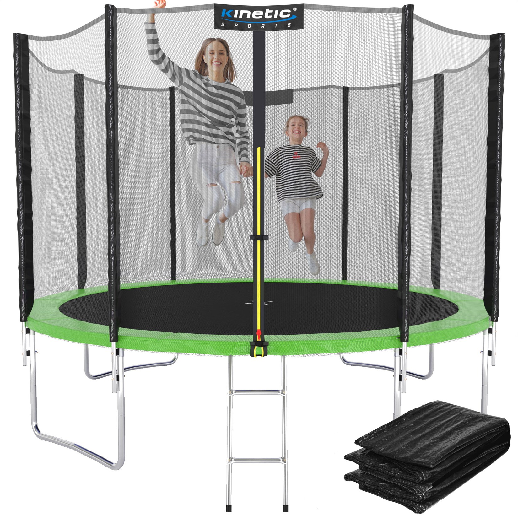 KINETIC SPORTS Trampolin Outdoor 'Salto Plus' Ø 183/244/305/366/400/430/490 cm - Komplett-Set für Kinder, USA Sprungtuch, Netz, Randpolster, Leiter - bis zu 160kg Grün-2 Ø 244 cm Ø 244 cm, Grün-2