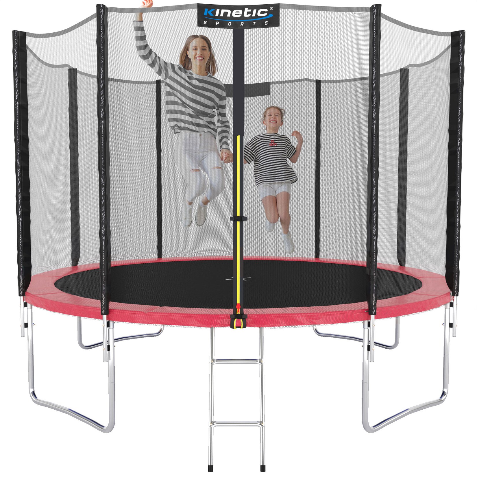 KINETIC SPORTS Trampolin Outdoor SALTO Ø 183/244/305/366/400/430/490 cm - Kindertrampolin Set mit Leiter, Netz, Randpolster, USA Sprungtuch - Gartentrampolin, bis zu 160kg Pink Ø 250 cm Ø 250 cm, Pink